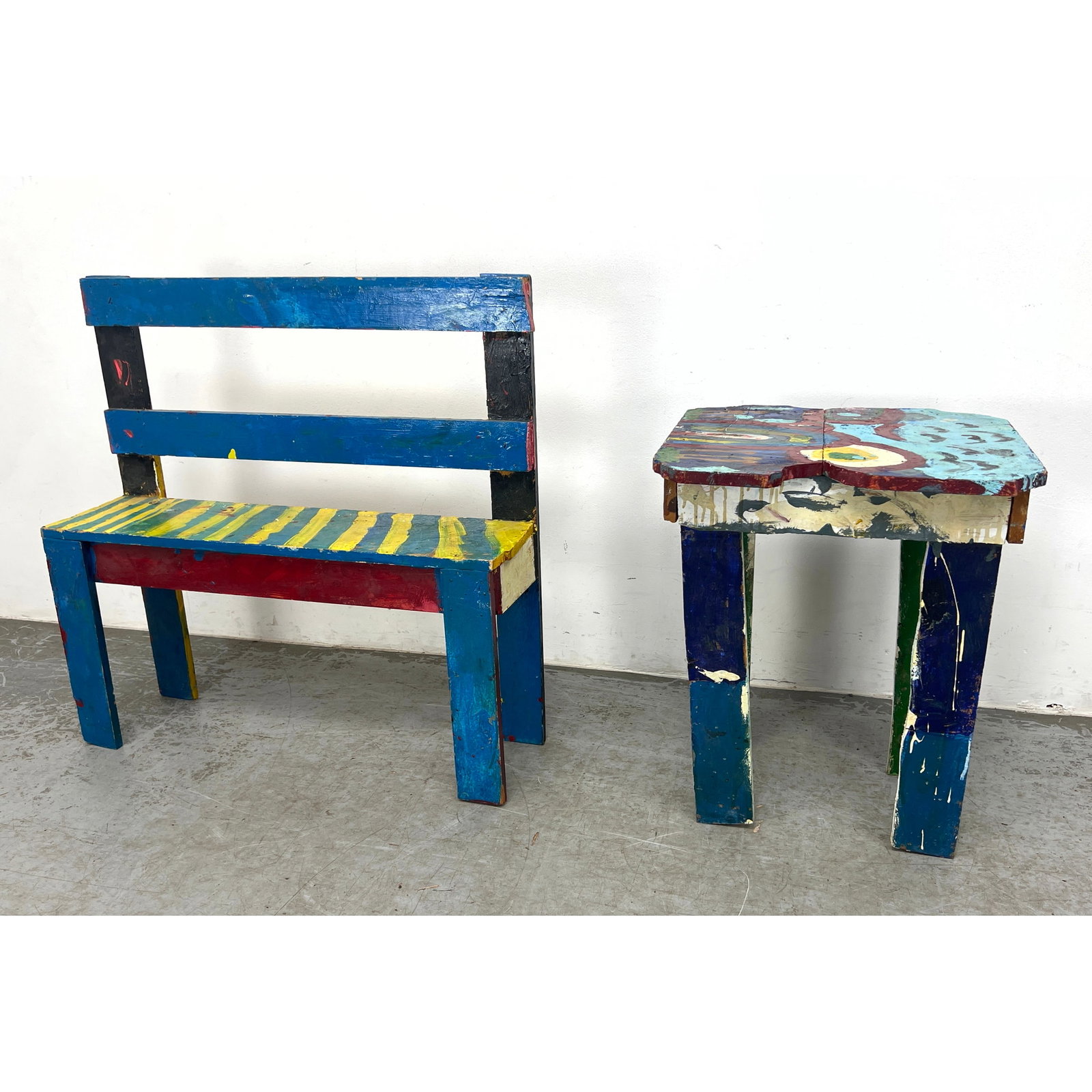 2pc Primitive Hand Made Hand Painted Wood Furniture. Outsider Art. Small Painted Bench. Small Side T: 2pc Primitive Hand Made Hand Painted Wood Furniture. Outsider Art. Small Painted Bench. Small Side Table. Dimensions: Height: 35 inches, Width: 35 inches, Depth: 10 inches. - Seat Height: 18.25 inches