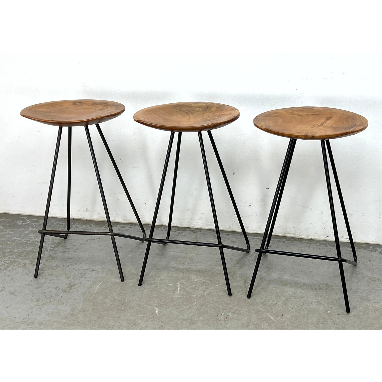 Set 3 Hairpin Iron Frame Wood Seat Bar Stools. Nice Wood Grain Seats. Likely Artisan Made. (1 of 9)