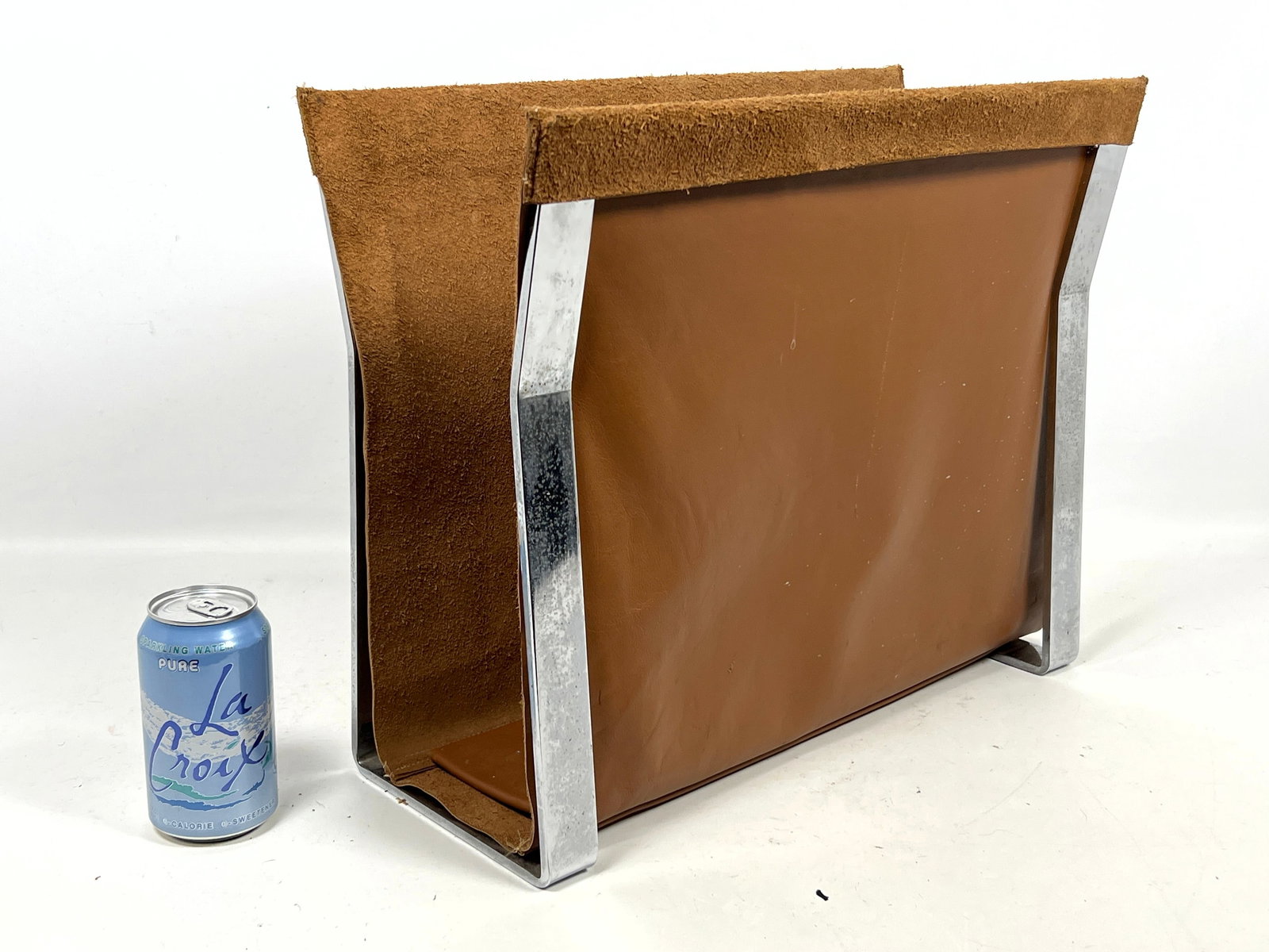 Milo Baughman style Flat Bar Chrome and Leather Magazine Rack. - 2