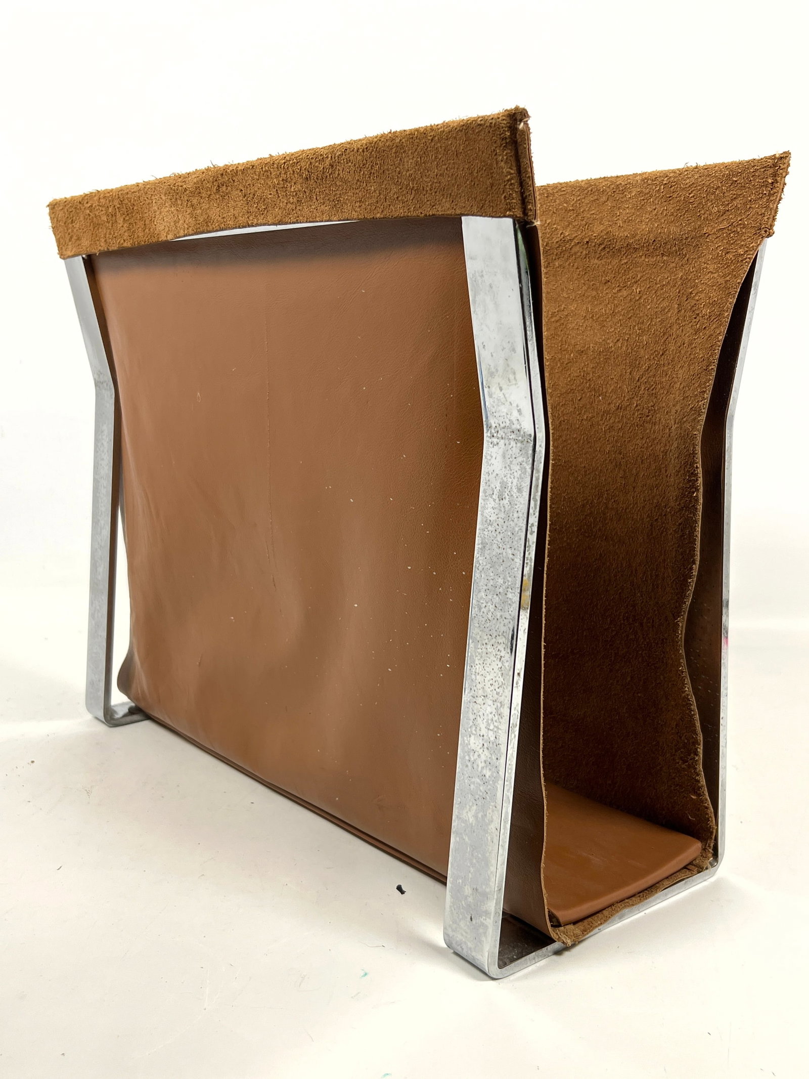 Milo Baughman style Flat Bar Chrome and Leather Magazine Rack. - 4