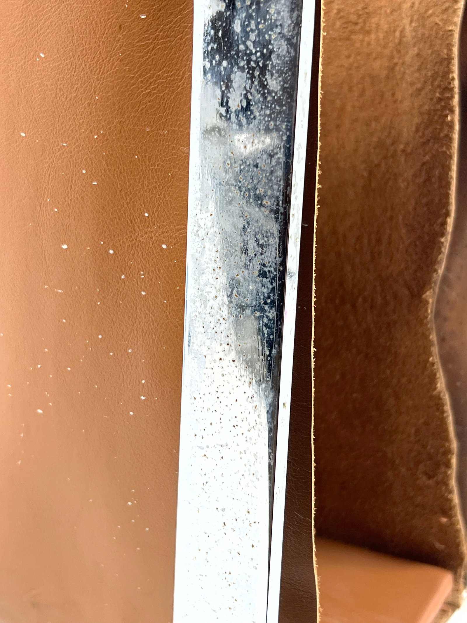 Milo Baughman style Flat Bar Chrome and Leather Magazine Rack. - 5