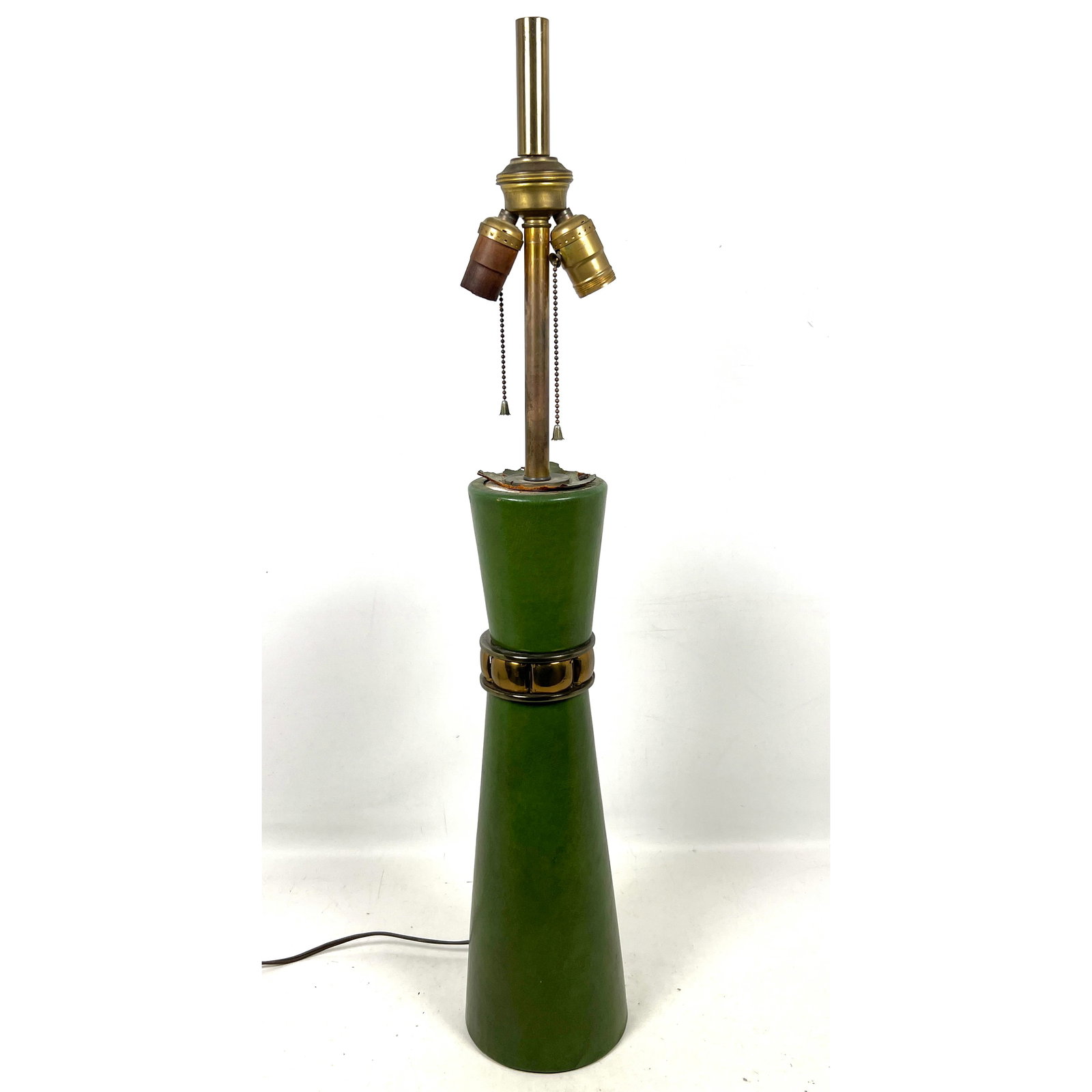 Green Leather Hour Glass Form Table Lamp. Mid Century Modern Lighting.: Green Leather Hour Glass Form Table Lamp. Mid Century Modern Lighting. Dimensions: Height: 32 inches, Width: 5.5 inches, Depth: 5.5 inches. --- US Packing and Shipping charge: In house