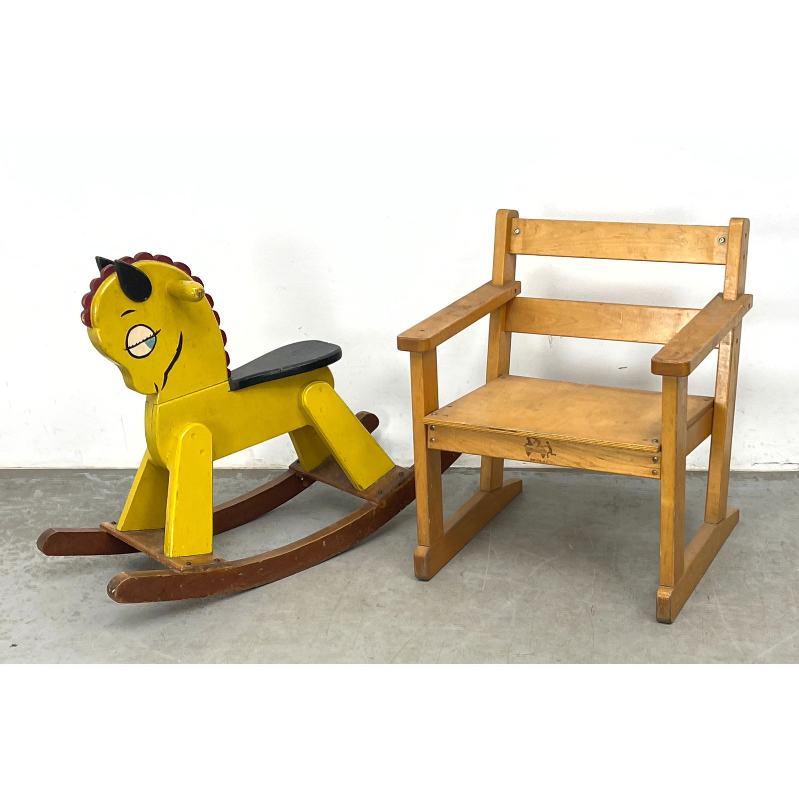 2pcs Vintage Mid Century Hand Painted Children's Rocking Horse and Community Playthings Plywood Chai: 2pcs Vintage Mid Century Hand Painted Children's Rocking Horse and Community Playthings Plywood Chair Dimensions: Height: 24 inches, Width: 20.5 inches, Depth: 19 inches. - Seat Height: 13