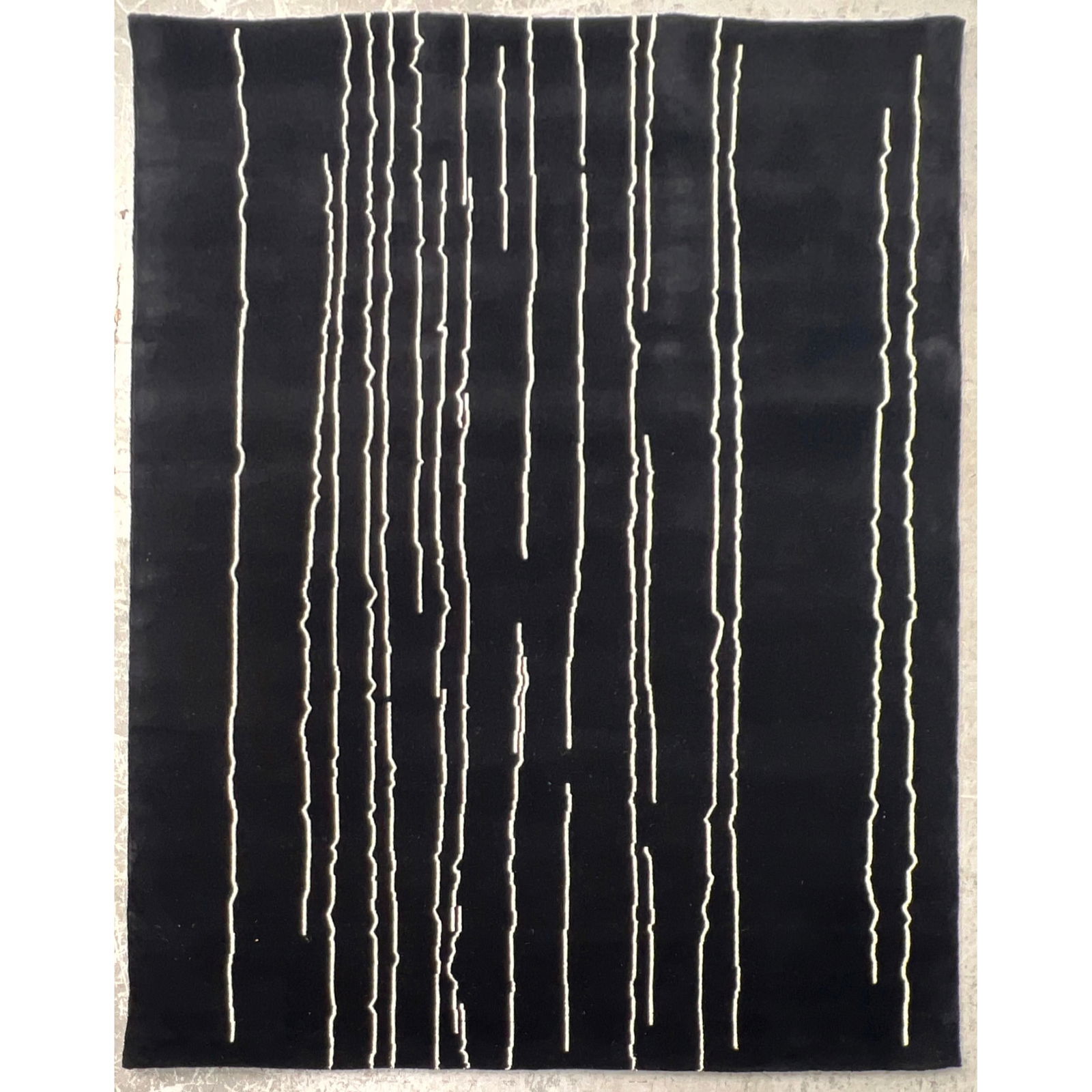 5'8.5 X 7'11 Modernist Abstract Rug. Black Pile Ground has Off White Wavy Static Lines. No Label. (1 of 8)