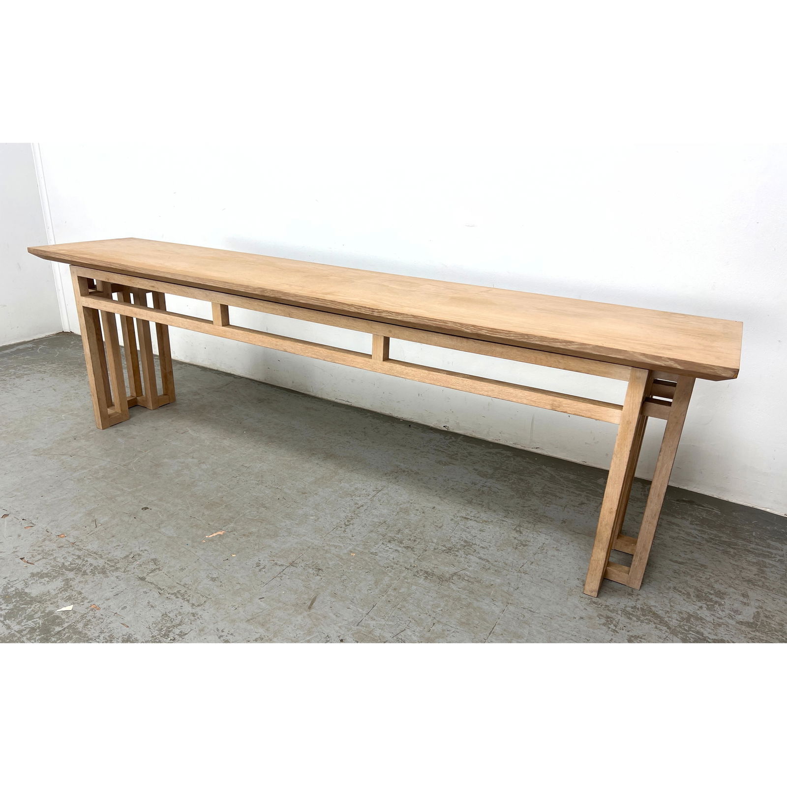 Long Sofa Console Table inspired Frank Lloyd Wright inspired base construction.: Long Sofa Console Table inspired Frank Lloyd Wright inspired base construction. Dimensions: Height: 29 inches, Width: 96.25 inches, Depth: 19.25 inches. ---