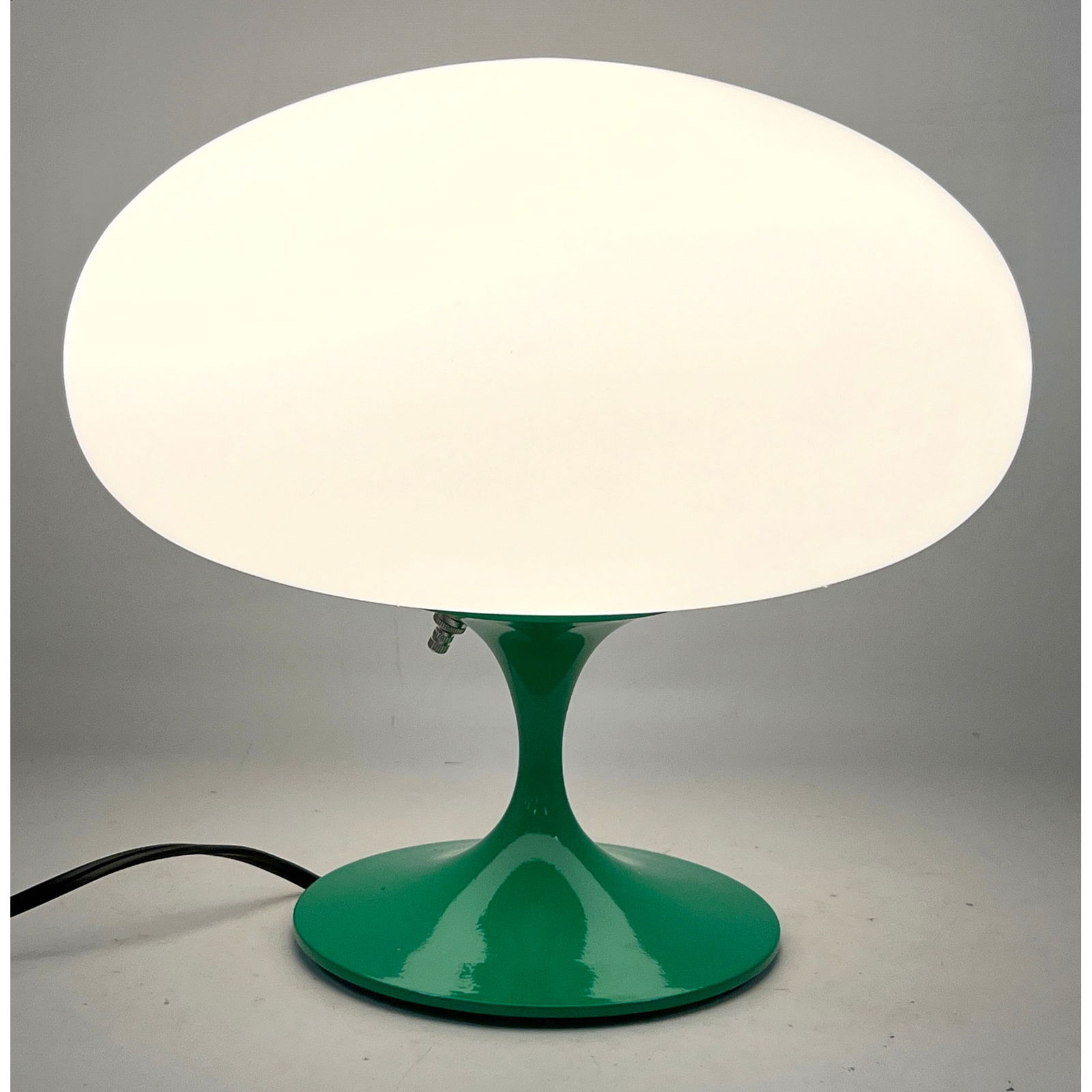DESIGNLINE Green Enameled Base Glass Mushroom Shade Table Lamp. Paper Label. StemLite. Contemporary: DESIGNLINE Green Enameled Base Glass Mushroom Shade Table Lamp. Paper Label. StemLite. Contemporary Lighting. Dimensions: Height: 12 inches, Width: 13 inches, Depth: 13 inches. --- US Packing