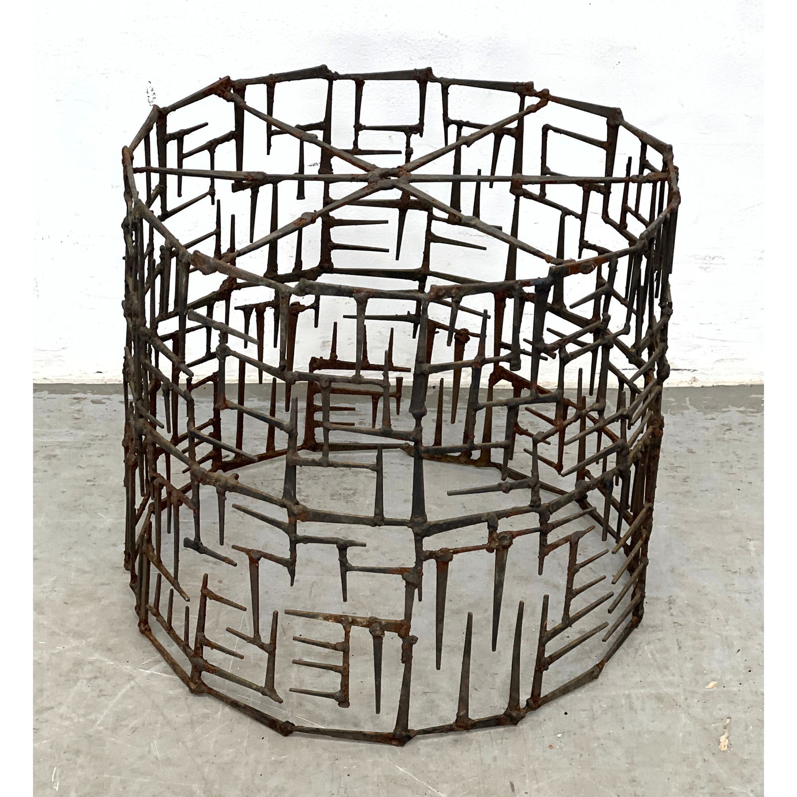 Brutalist welded Nail Lamp Shade Frame.: Brutalist welded Nail Lamp Shade Frame. Dimensions: Height: 15 inches, Width: 17 inches, Depth: 17 inches. ---