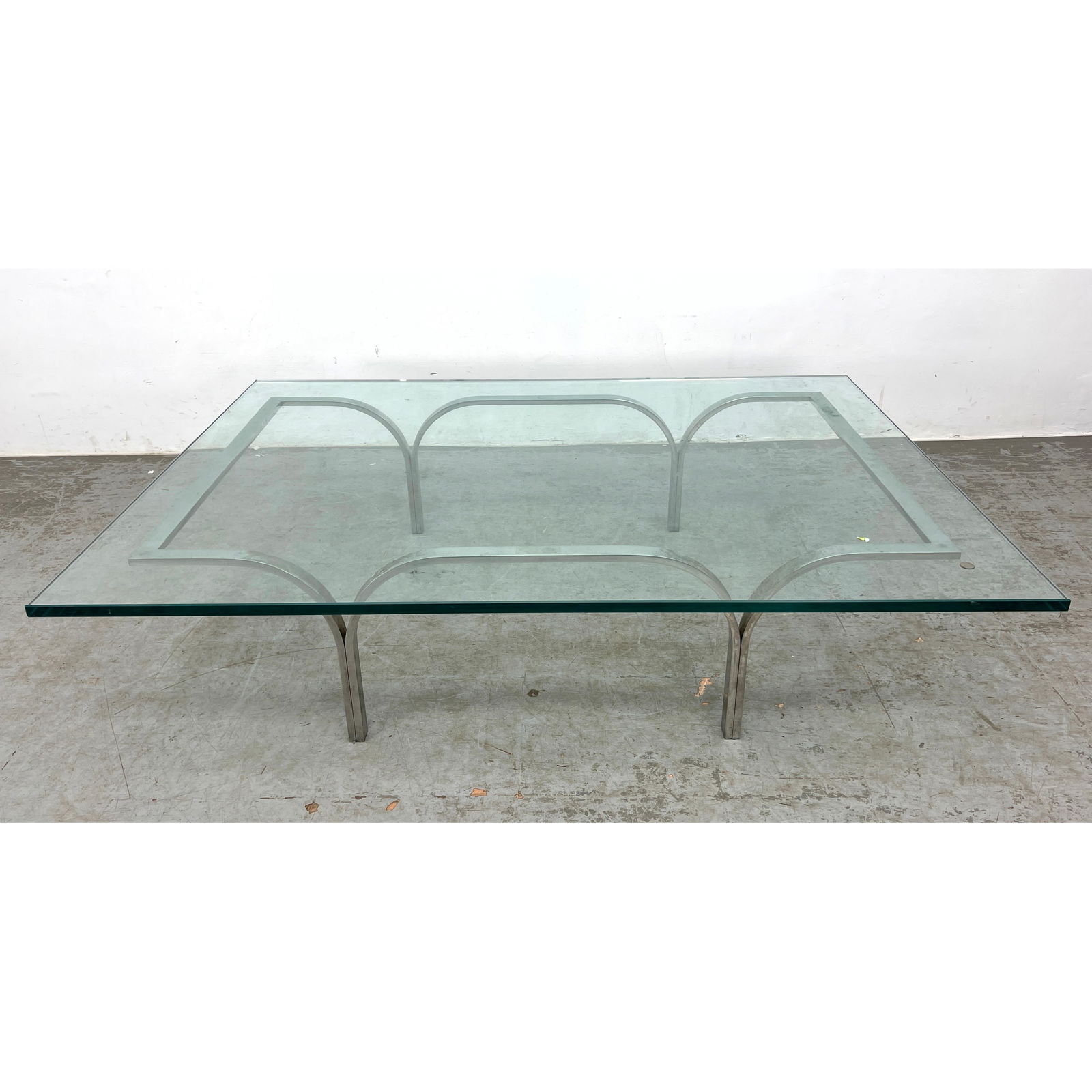 Nicos Zographos Attributed Modernist Chrome Coffee Table. Thick Glass Top above Jointed Arched Frame (1 of 6)