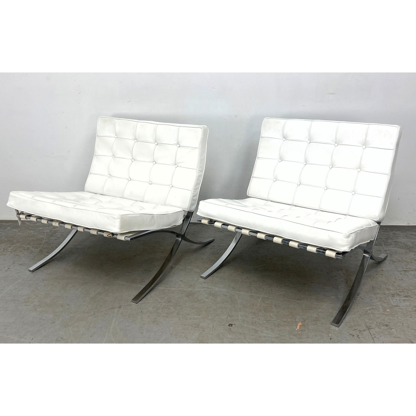 Pair High Quality White Leather and Chrome Flat Bar Barcelona Chairs, Unbranded. Heavy.: Pair High Quality White Leather and Chrome Flat Bar Barcelona Chairs, Unbranded. Heavy. Dimensions: Height: 30 inches, Width: 30.5 inches, Depth: 34 inches. - Seat Height: 18 inches ---