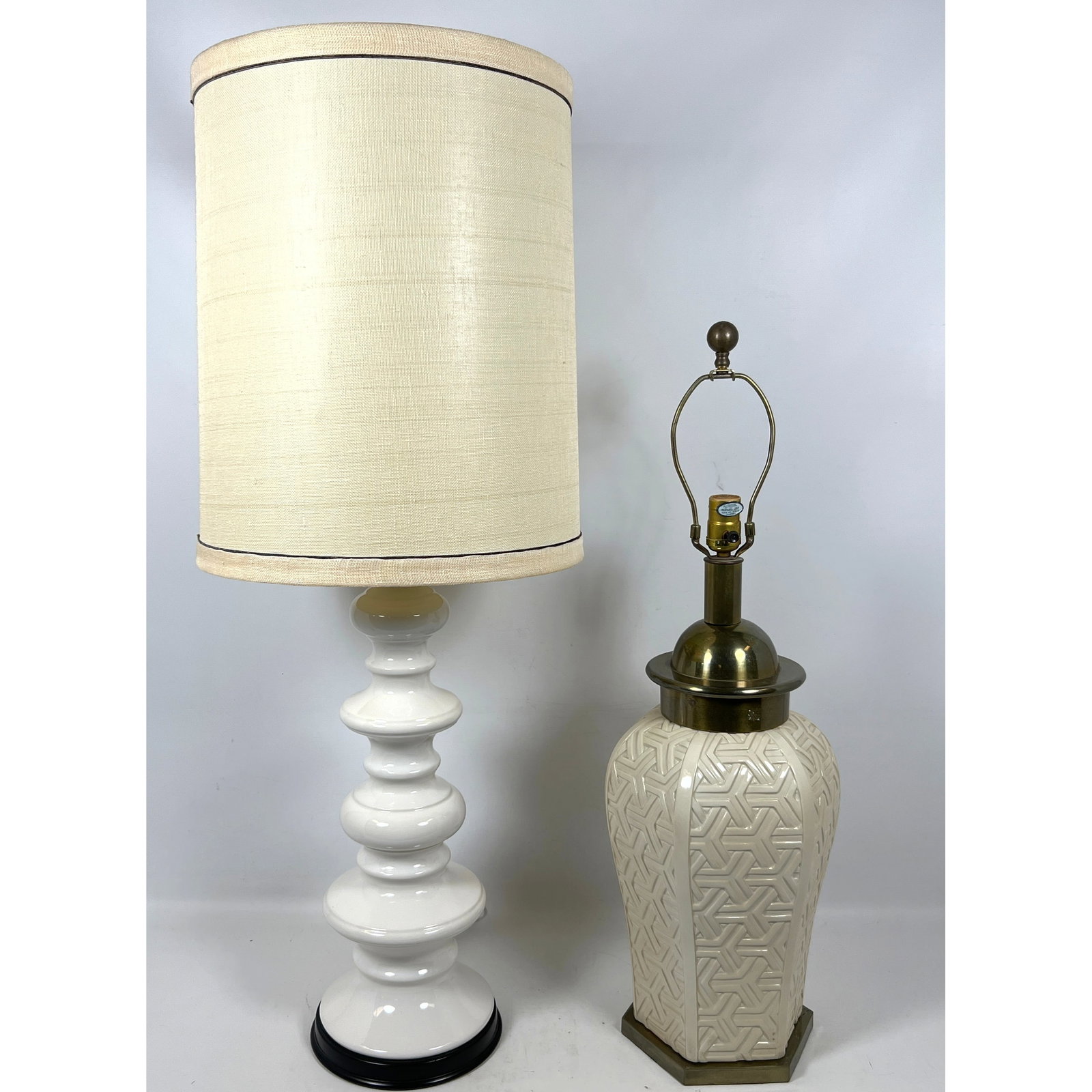 2pcs Mid Century Modern Table Lamps. 1 has Chapman label.: 2pcs Mid Century Modern Table Lamps. 1 has Chapman label. Dimensions: Height: 40 inches, Width: 15 inches, Depth: 15 inches. - Additional Dimensions: Smaller H: 30.5 inches, W: 8 inches, D: 8