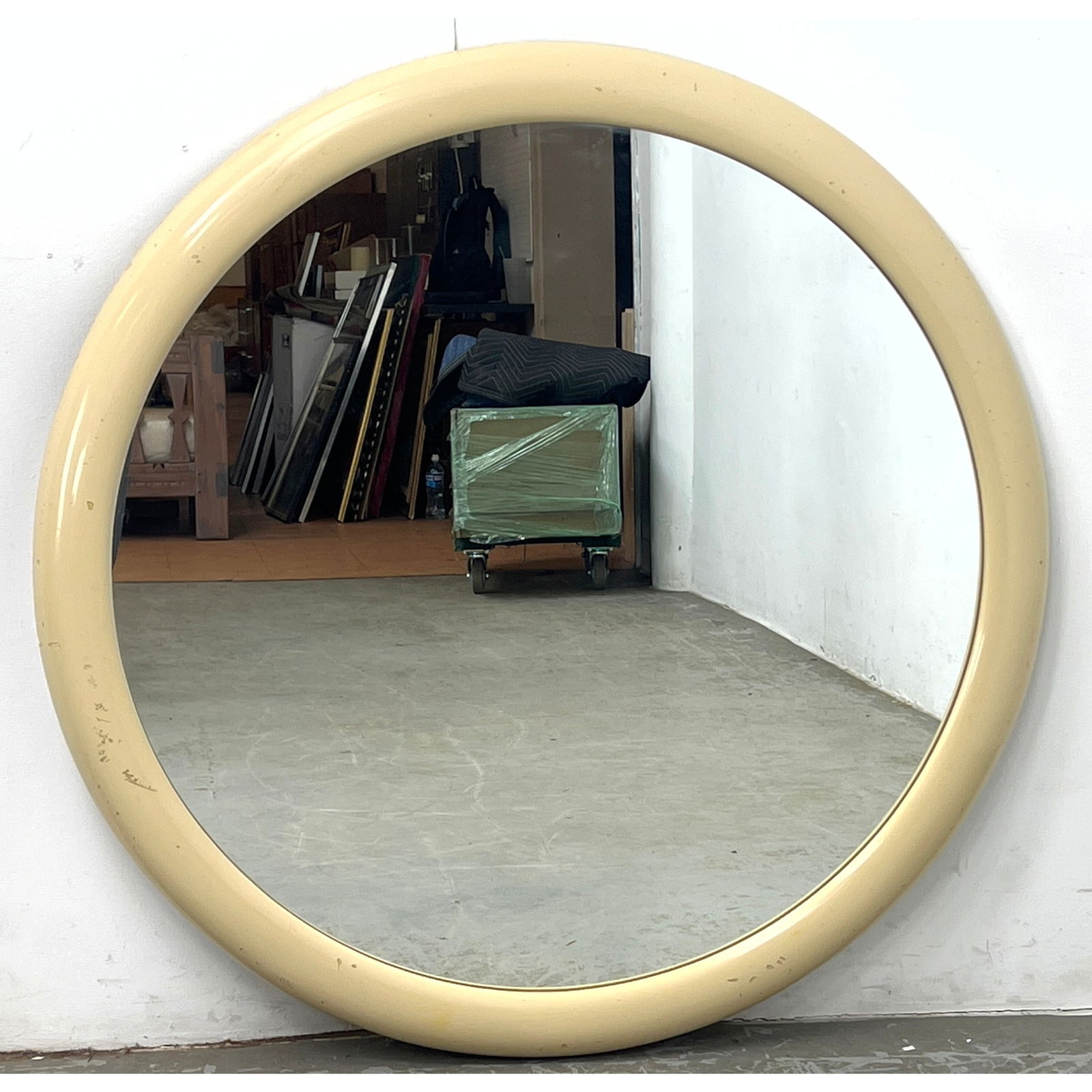 Large Round Wood Framed Wall Mirror. Beige Lacquered Frame.: Large Round Wood Framed Wall Mirror. Beige Lacquered Frame. Dimensions: Height: 43.5 inches, Width: 43.5 inches, Depth: 2 inches. ---