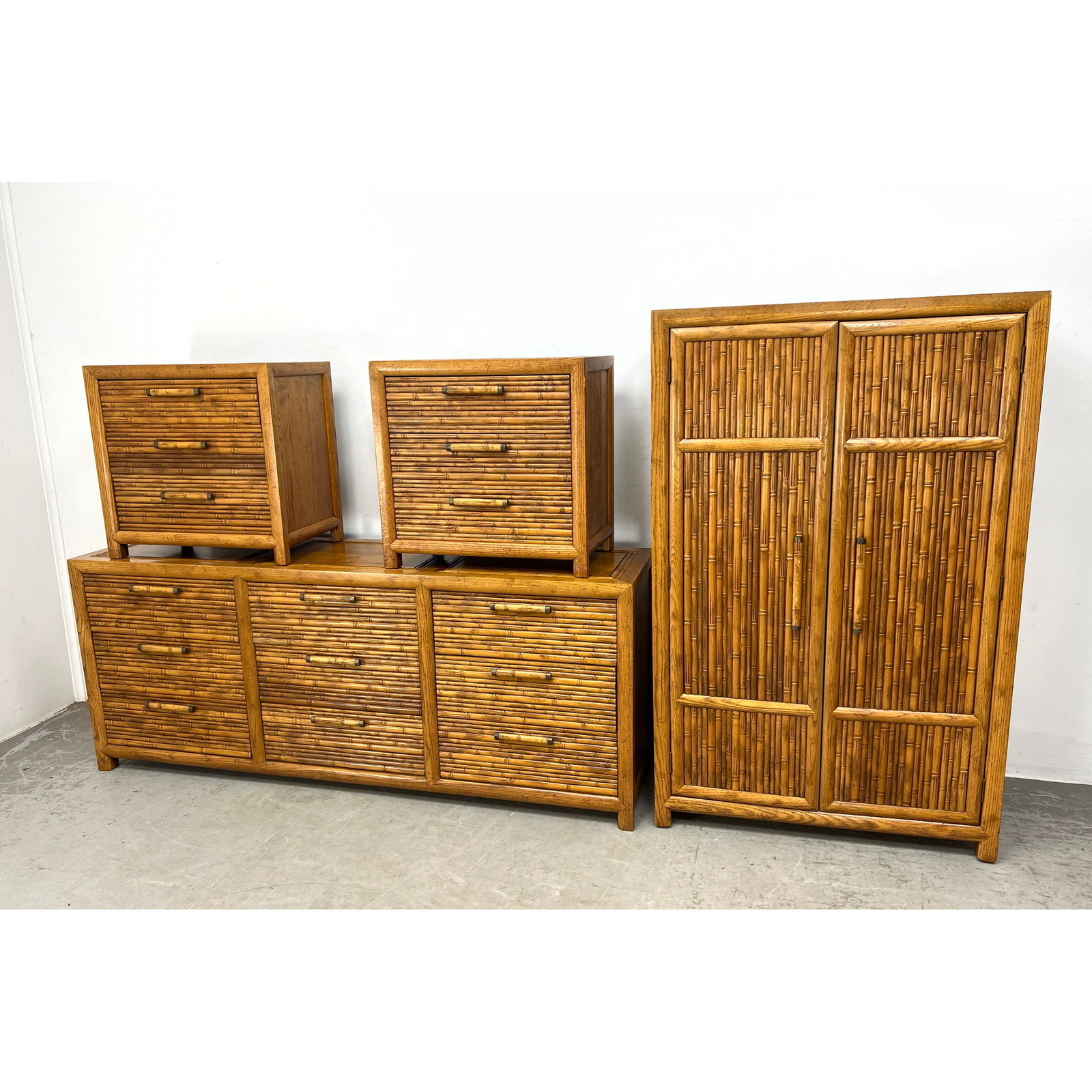 4pc Century Furniture Faux Bamboo Bedroom Set. HIgh chest, low dresser, nightstands. (1 of 15)