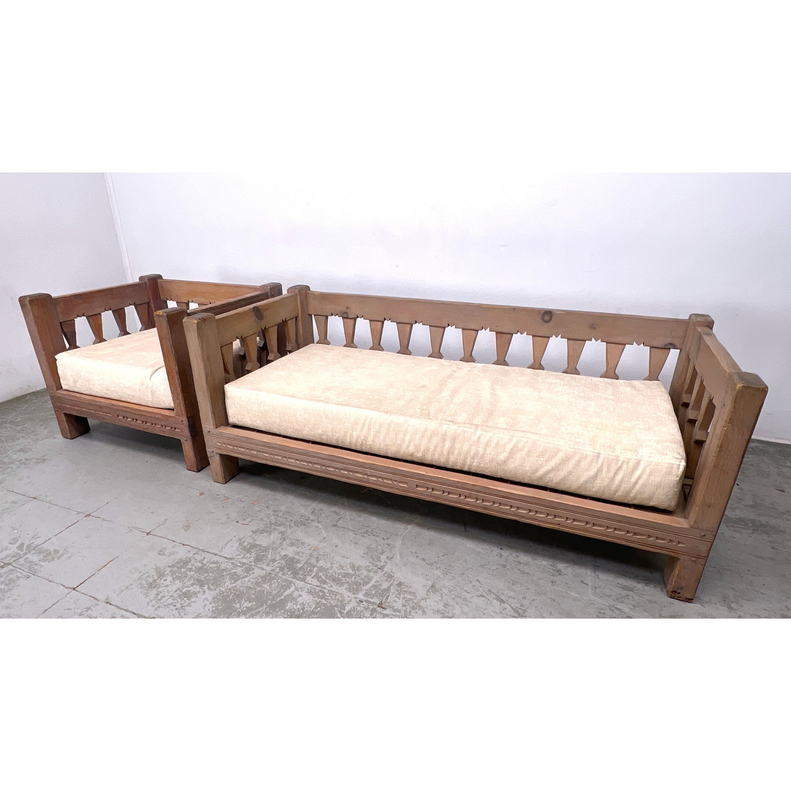 2pcs French Style Brutalist wood Sofa Couch and Lounge Chair. Carved Wood Frames with Corseted Slats: 2pcs French Style Brutalist wood Sofa Couch and Lounge Chair. Carved Wood Frames with Corseted Slats. Dimensions: Height: 28 inches, Width: 72.5 inches, Depth: 33 inches. - Seat Height: 17 inches - Ad