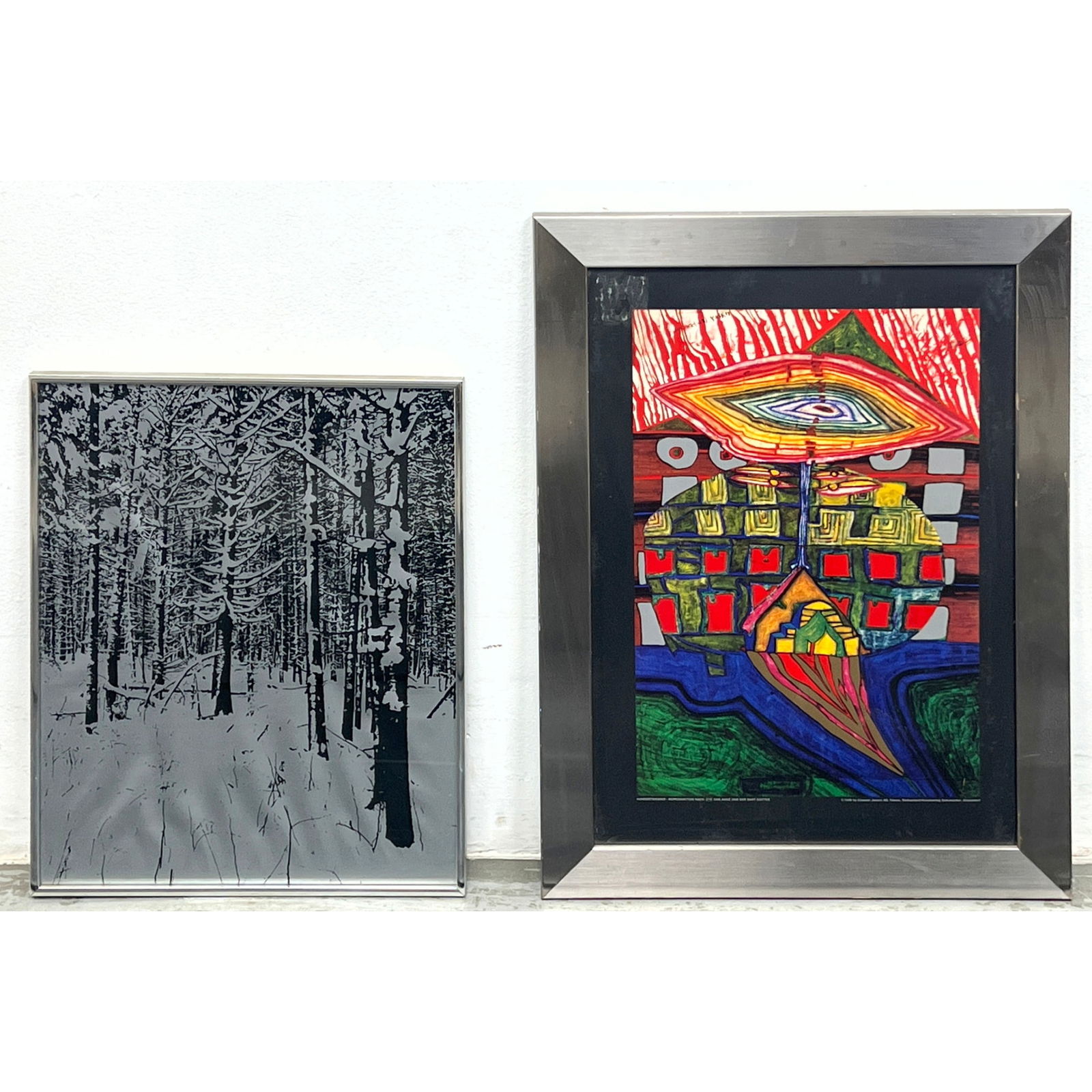 2pcs modernist Art. Hundertwasser Poster and Trees in Winter Lithograph.: 2pcs modernist Art. Hundertwasser Poster and Trees in Winter Lithograph. Dimensions: Height: 27 inches, Width: 20 inches. --- US Packing and Shipping charge: In house shipping available. Will be calcu