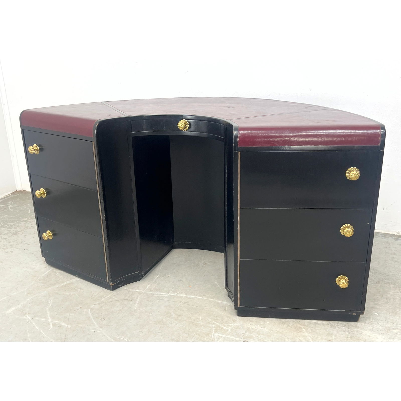 American Art Deco Crescent Shaped Executive Desk with Bookshelf Back. Black ebonized with Maroon Lea (1 of 8)