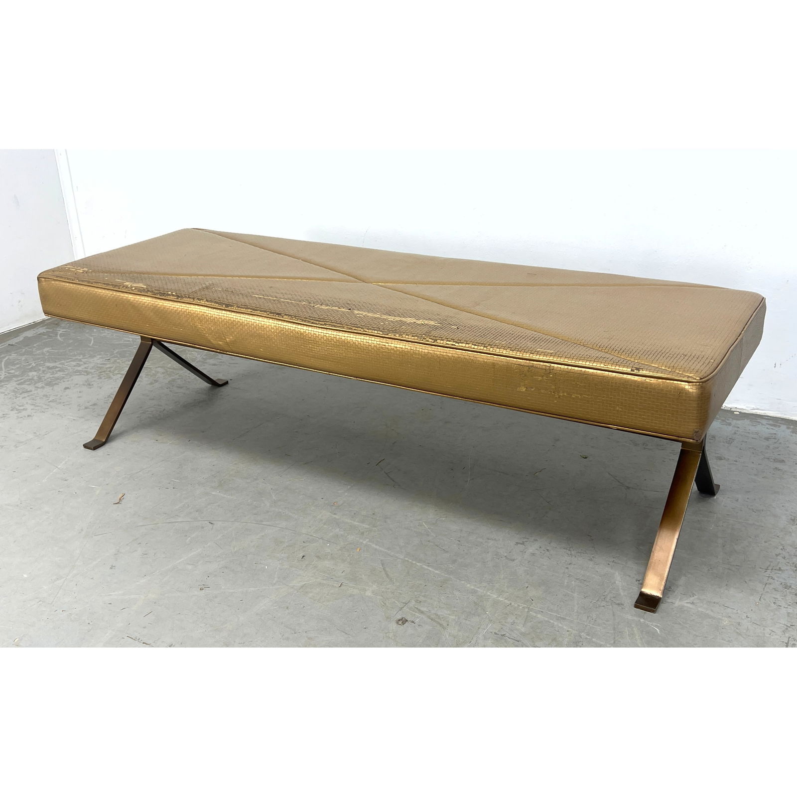 CUMBERLAND Modernist Long Bench. Metal X Frame Side Legs. Label.: CUMBERLAND Modernist Long Bench. Metal X Frame Side Legs. Label. Dimensions: Height: 18 inches, Width: 62 inches, Depth: 21 inches. ---