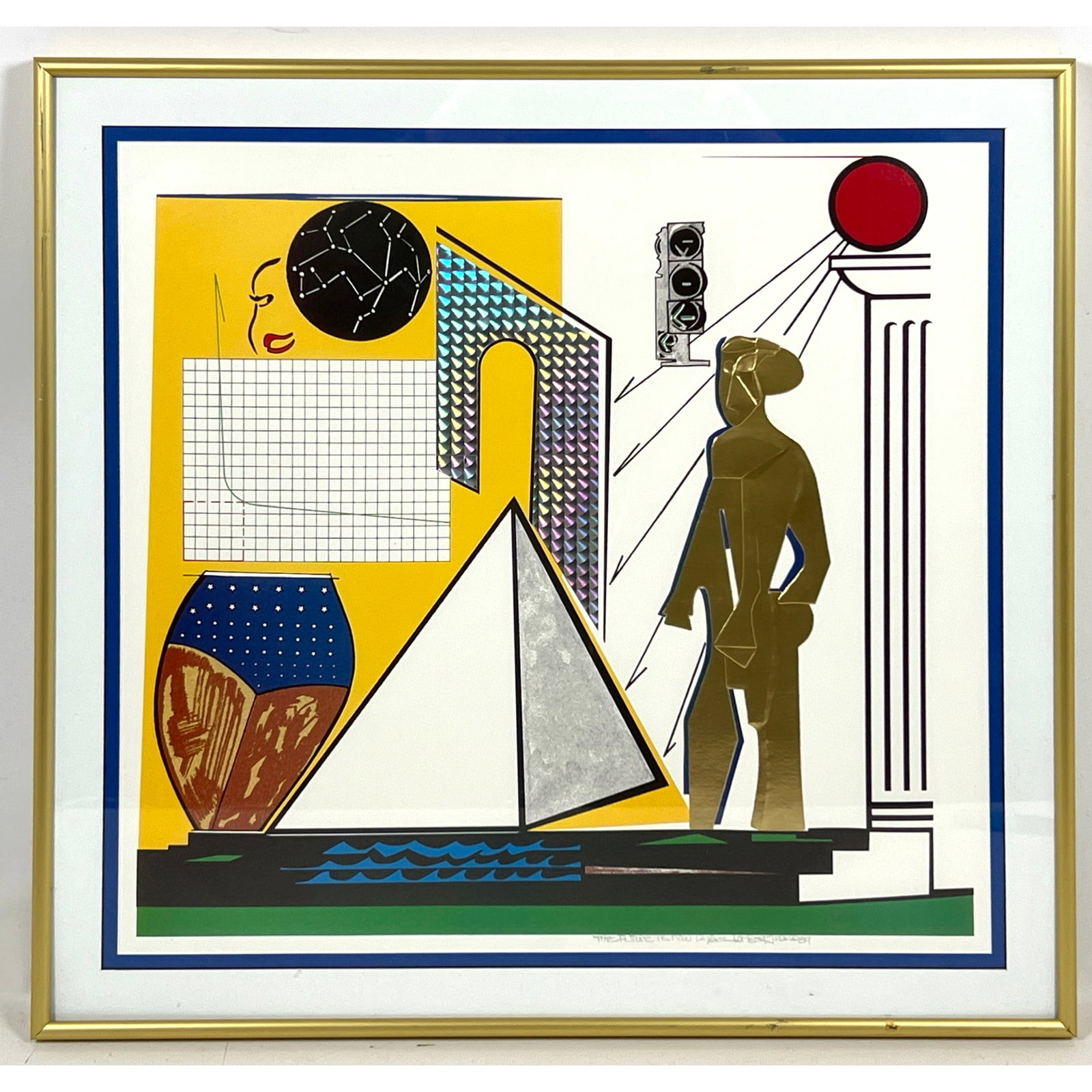JAMES KING "The Future is Now" Modernist Collage Print. Human Silhouette Figure Amongst Architectura: JAMES KING "The Future is Now" Modernist Collage Print. Human Silhouette Figure Amongst Architectural Elements. Artist Signed and Dated 89. Titled. #121/300. Dimensions: Frame Height: 19.5