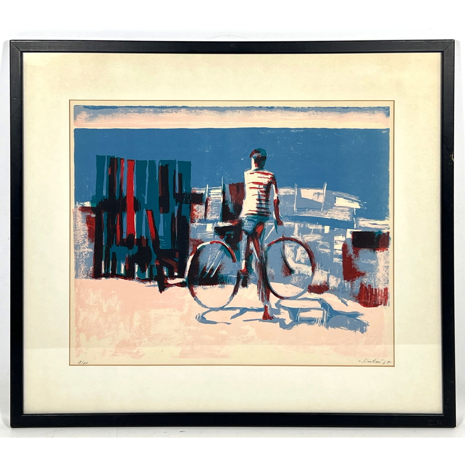 NICOLA SIMBARI "Bike Rider" lithograph. Pencil signed, numbered 18/100, dated 67. Assoc American Art: NICOLA SIMBARI "Bike Rider" lithograph. Pencil signed, numbered 18/100, dated 67. Assoc American Artist's Label on verso. Dimensions: Frame Height: 22.5 inches, Frame Width: 26.5 inches. - Image