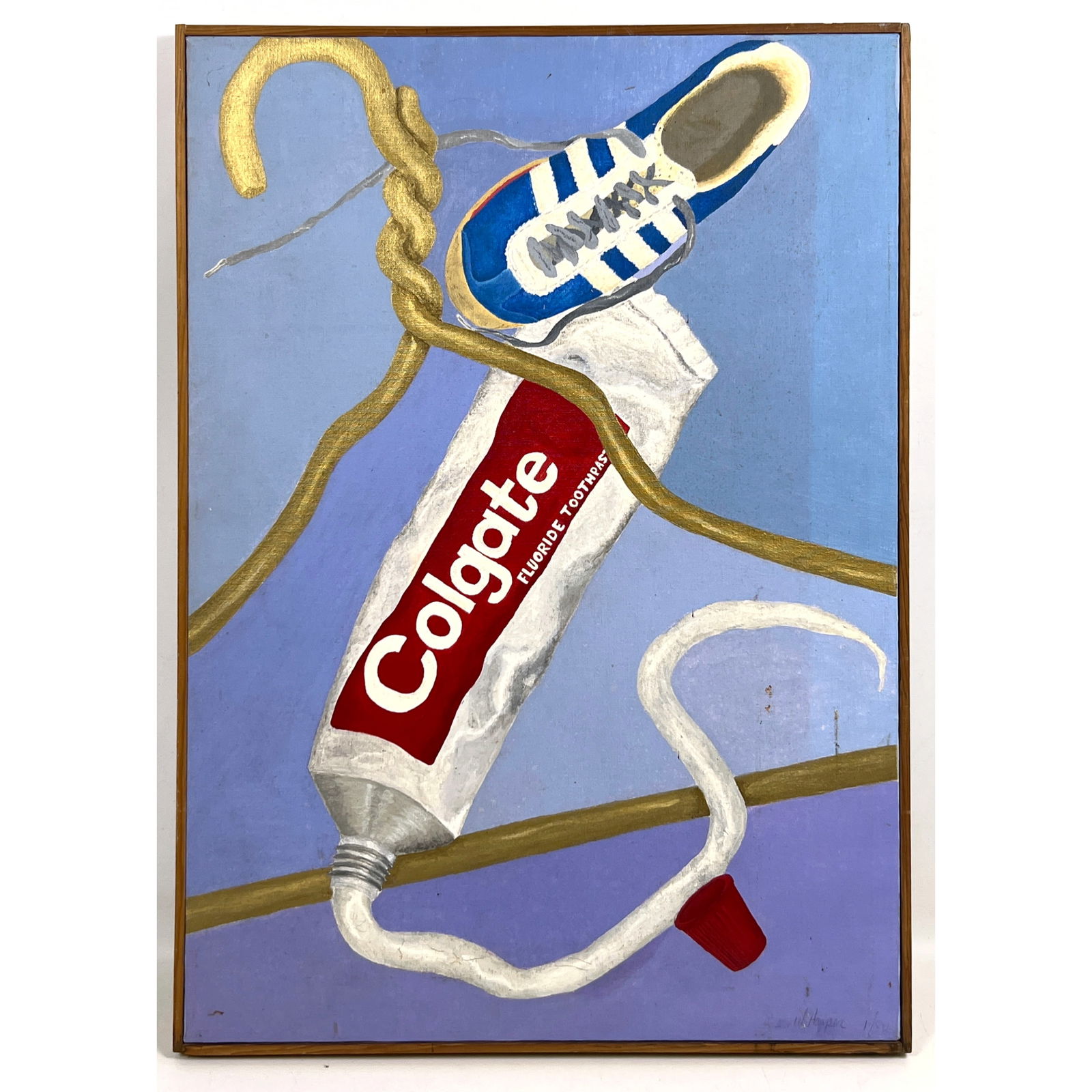 W HARPER Modern Painting. Toothpaste tube, Sneaker and Hanger. Signed. 1/80.: W HARPER Modern Painting. Toothpaste tube, Sneaker and Hanger. Signed. 1/80. Dimensions: Height: 24.75 inches, Width: 18.5 inches. --- US Packing and Shipping charge: In house shipping