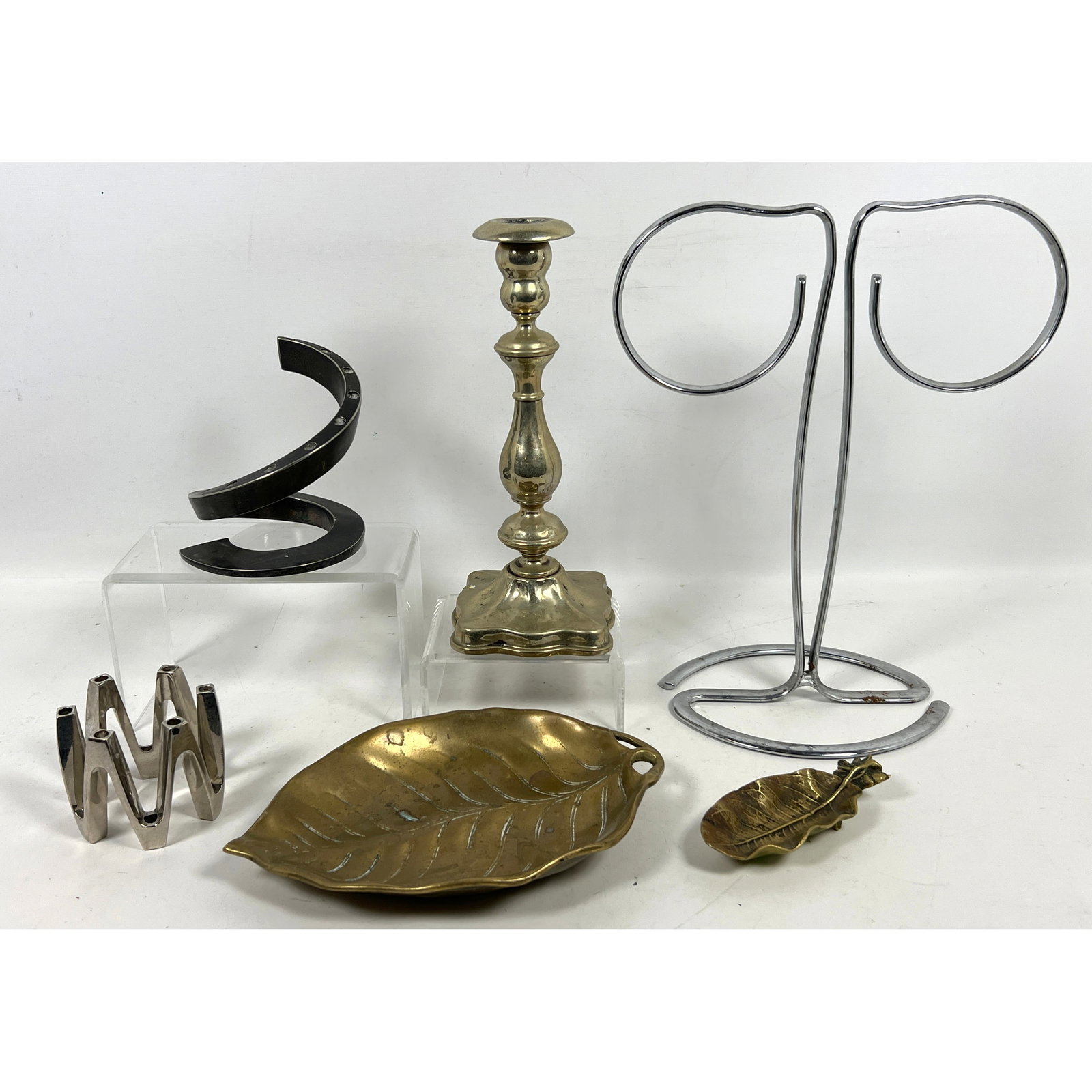 6pcs. Two Dansk Candleholders, Virginia Metalcrafters Brass Leaves, Vintage Chrome Hand Towel Holder: 6pcs. Two Dansk Candleholders, Virginia Metalcrafters Brass Leaves, Vintage Chrome Hand Towel Holder, Candlestick Dimensions: Height: 14 inches, Width: 11 inches, Depth: 6.5 inches. --- US Packing and