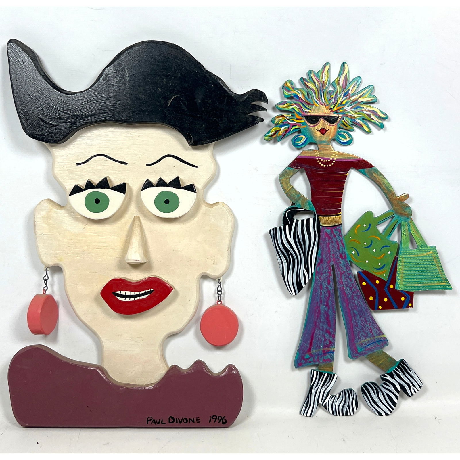 Wood Paul Divone and Painted Metal Robert Shields signed and dated. Paul Divone 1996 on the lower fr: Wood Paul Divone and Painted Metal Robert Shields signed and dated. Paul Divone 1996 on the lower front. The reverse retains an original artist business card from Paul Divone. metal cutout sculpture b