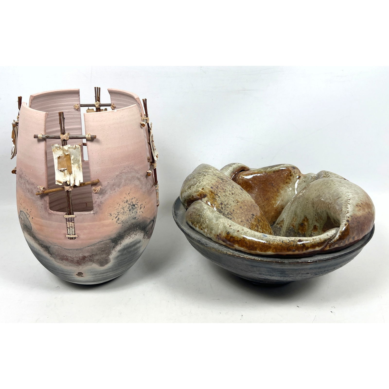 Matt Kemp Bowl. a Cape Cod MA artist and a tall sager fired vase with bark and twigs by Michael and: Matt Kemp Bowl. a Cape Cod MA artist and a tall sager fired vase with bark and twigs by Michael and Christine Adcock, California ceramic artists. Purchased from the artists Dimensions: Height: 12