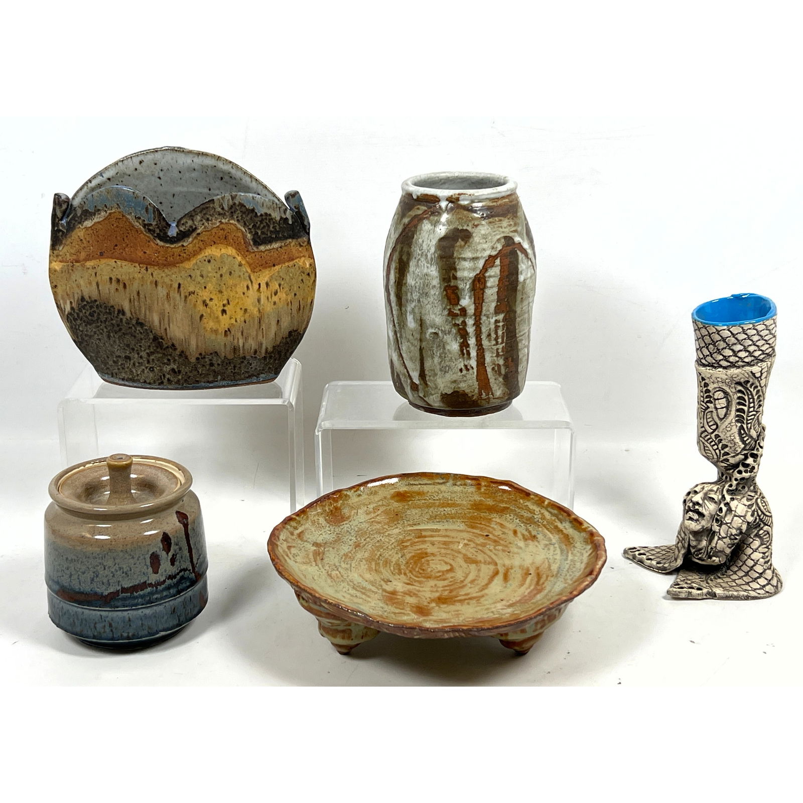 5pc American Pottery Studio. Signed Glazed Ceramic Pillow Vase. 2)Painted Glazed Vase. 3) Waffle Con (1 of 18)