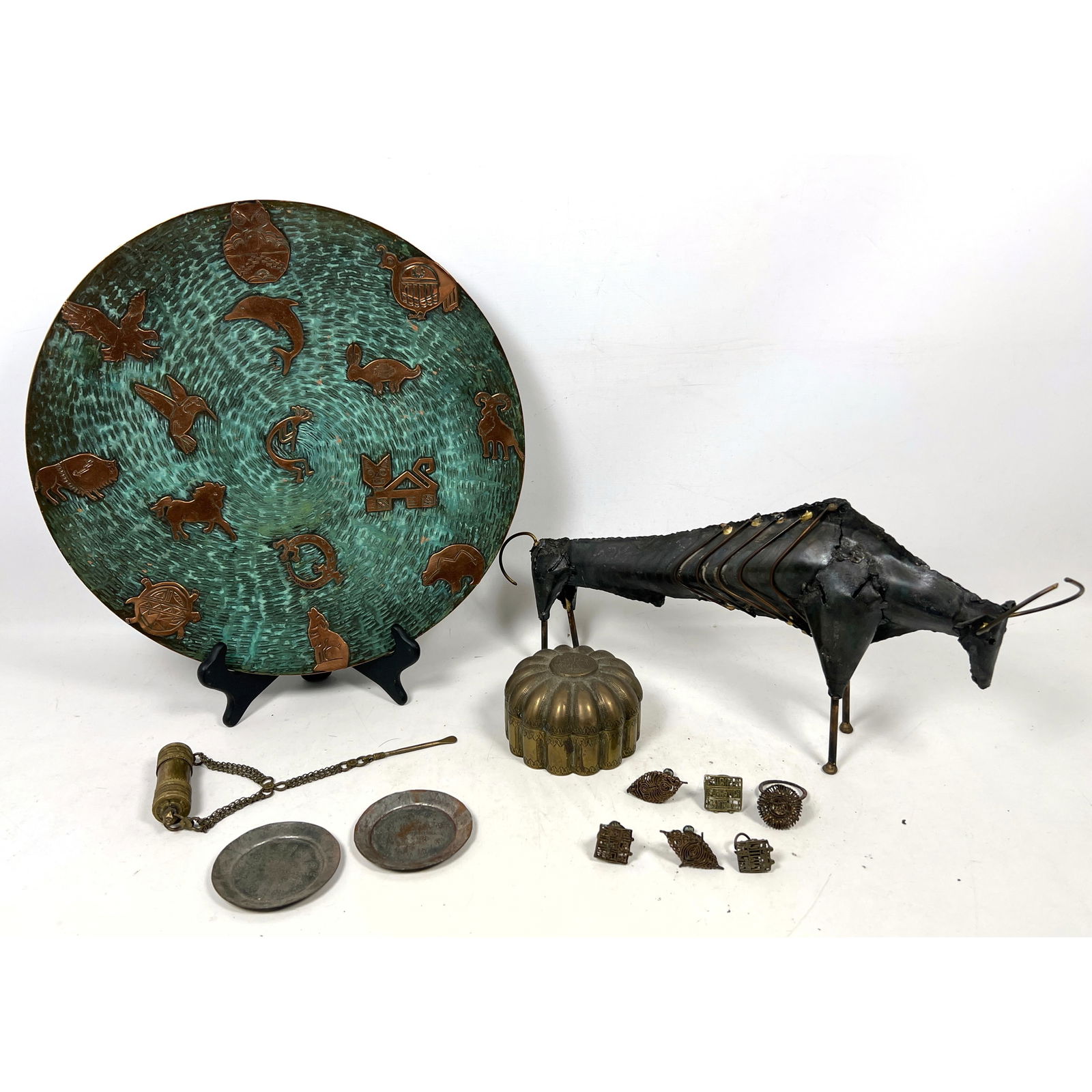 Collection mixed Metals Lot. Green Patina Charger, Metal Bull Sculpture. Various East Indian Brass a: Collection mixed Metals Lot. Green Patina Charger, Metal Bull Sculpture. Various East Indian Brass and Metal Pieces. Dimensions: Height: 16 inches, Width: 16 inches. --- US Packing and Shipping charge