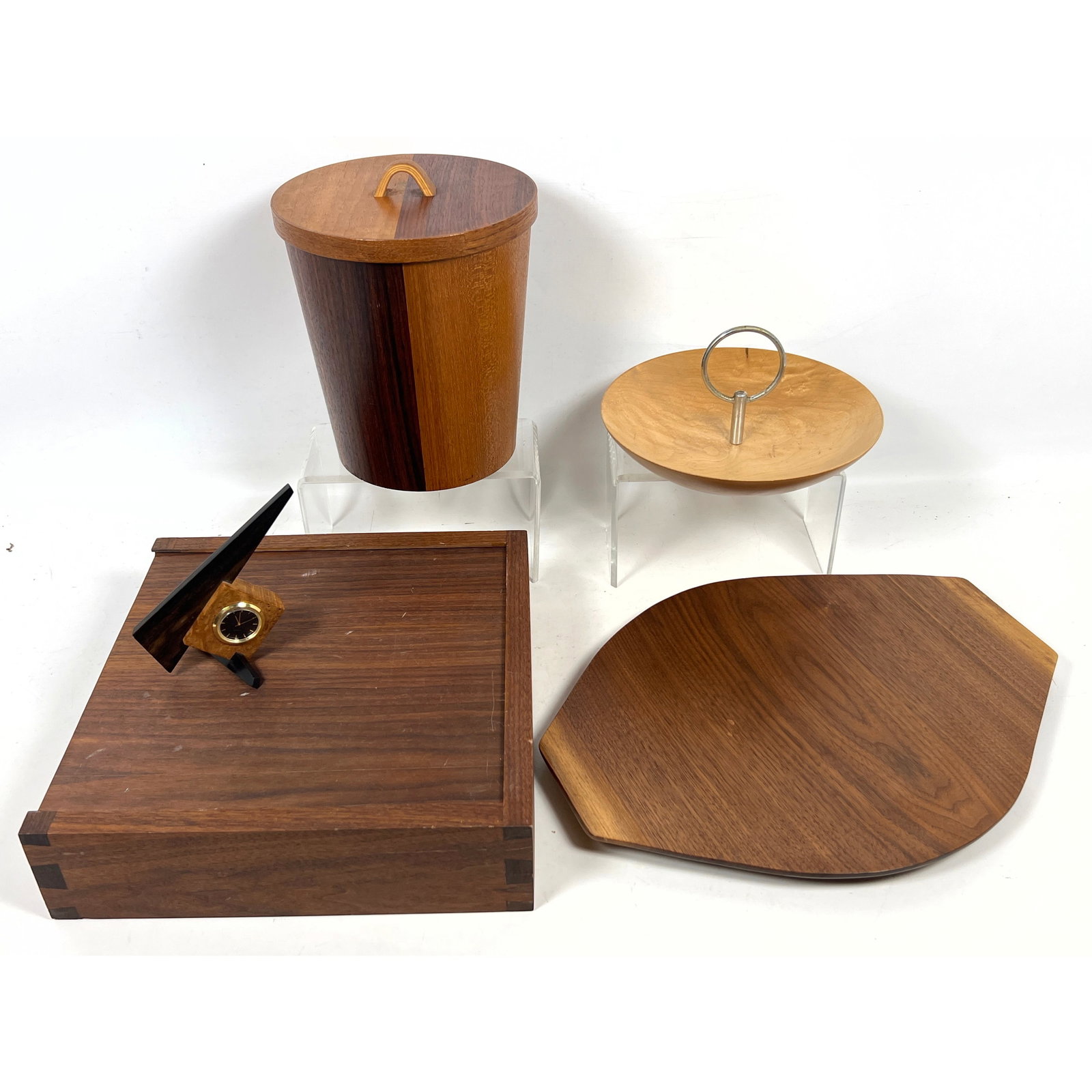 5pcs Mid Century Wood Accessories, Bentwood Ice Bucket, Ron Brown Turned Wood Artisan Tray, Artisan: 5pcs Mid Century Wood Accessories, Bentwood Ice Bucket, Ron Brown Turned Wood Artisan Tray, Artisan Desktop Clock, Burlwood Tidbit Tray, George Hutton Walnut Wood Storage Box Dimensions: Height: 9.5 i