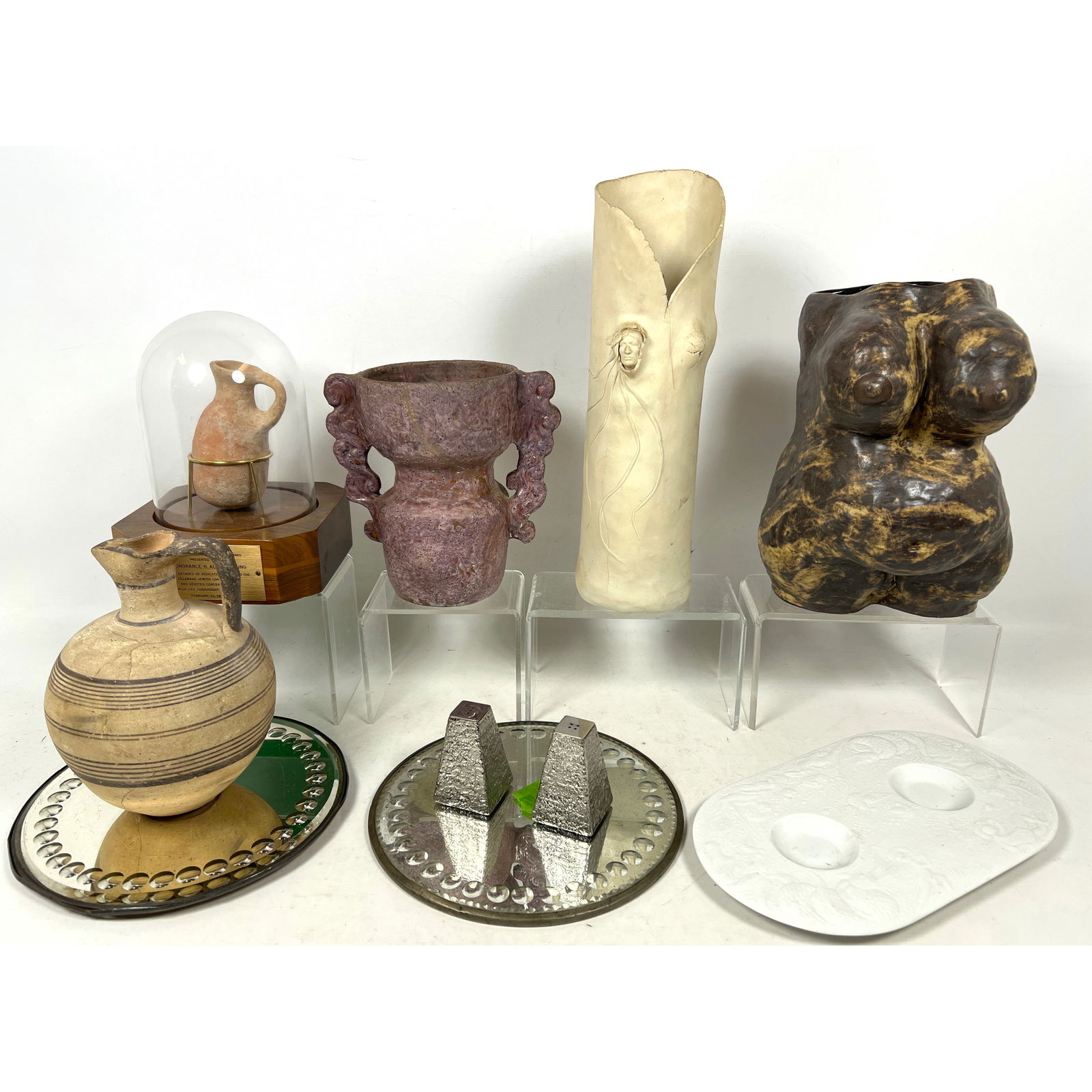 Assorted Shelf Lot. 2 Round Vintage mirrors with dimpled dot trim. Pottery Vases. Wiinblad tray miss: Assorted Shelf Lot. 2 Round Vintage mirrors with dimpled dot trim. Pottery Vases. Wiinblad tray missing something. and more Dimensions: Height: 9 inches, Width: 10 inches, Depth: 10 inches. --- US Pac