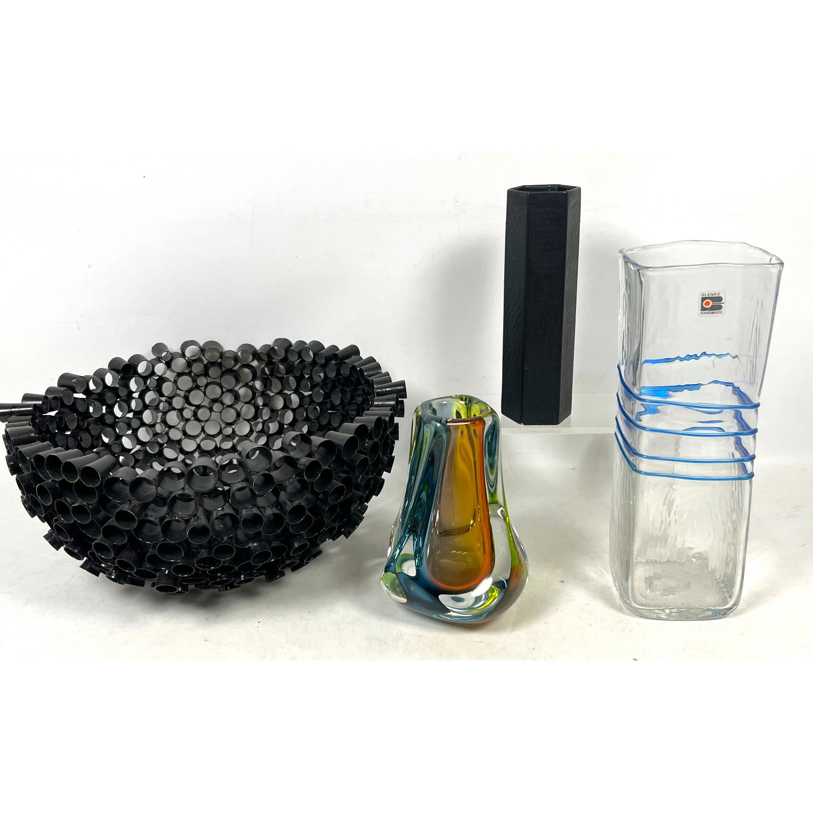 4pc Shelf Lot. BLENKO Glass Vase with blue slip details. Marked. 2. Multi Color Glass Vase. 3. UPSAL (1 of 18)