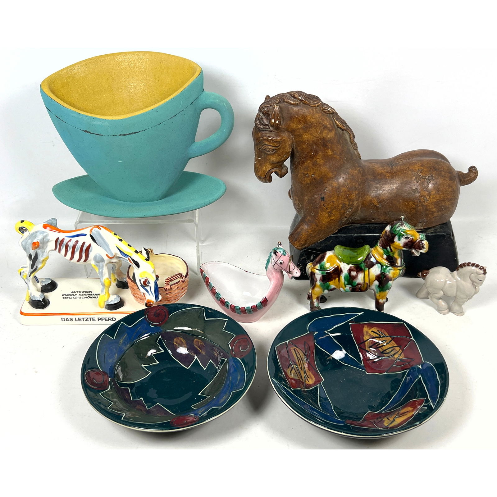 Assorted Shelf Lot. Horse and Donkey Ceramic Sculptures. Italian Horse Bowl. Large Tea cup Sculpture (1 of 20)