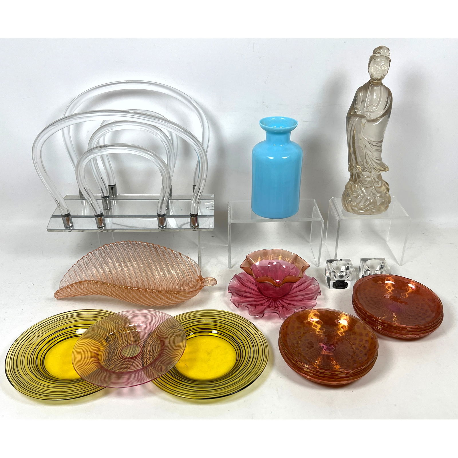Assorted Shelf Lot. PV FRANCE Blue Glass Vase. MURANO Glass Figural Leaf Dish. Set 8 Decorative glas: Assorted Shelf Lot. PV FRANCE Blue Glass Vase. MURANO Glass Figural Leaf Dish. Set 8 Decorative glass Saucers plates. Cranberry Glass Bowl and Underplate. Lucite Chrome Magazine Rack (AS IS). and more