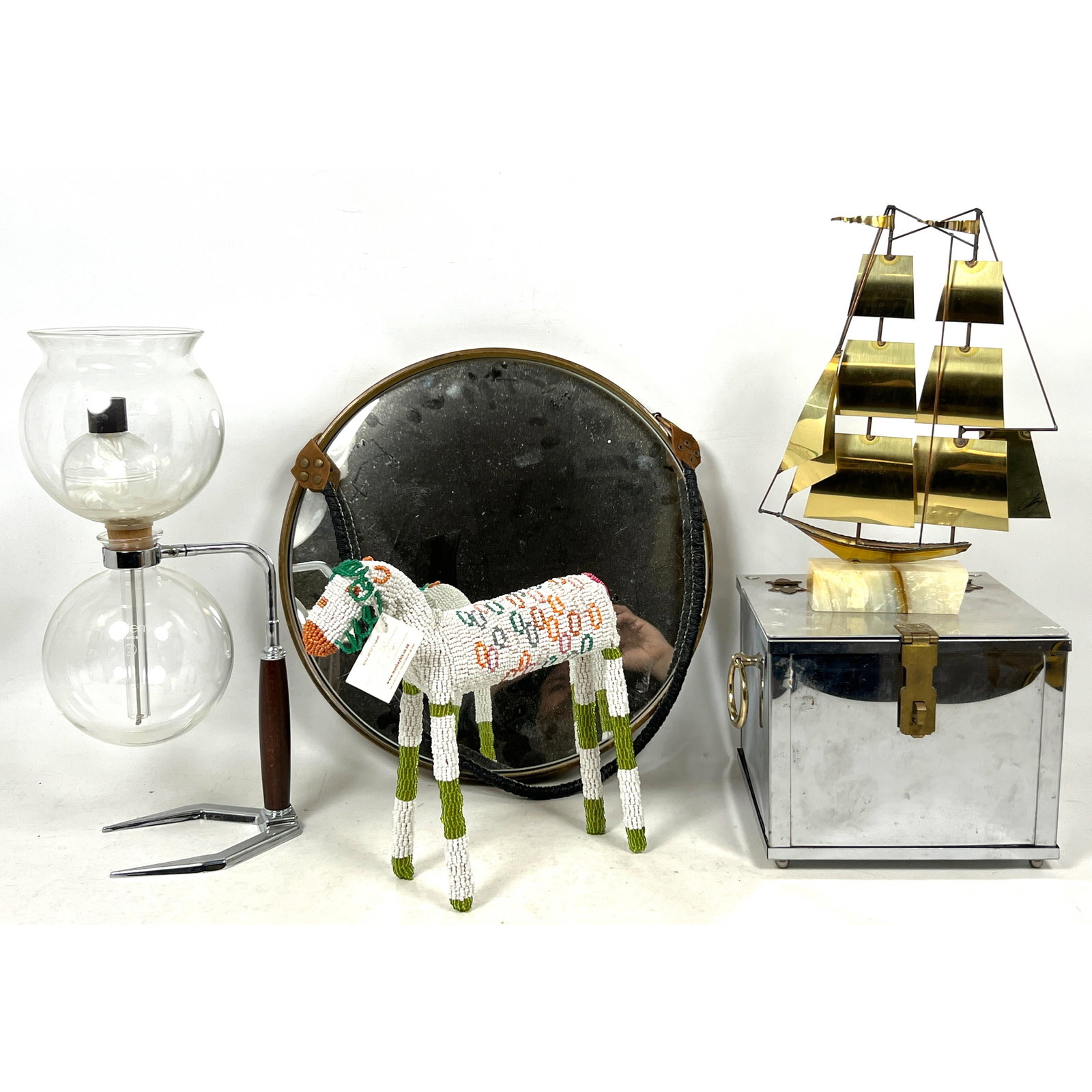 Assorted Shelf Lot. Chrome Cube Ice Bucket with Brass Trim. Round Mirror with Rope Hanger. Beaded Ho (1 of 18)