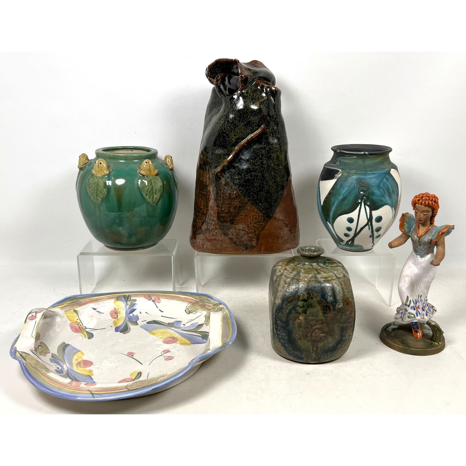 Assorted Collection of 20th Pottery Items. DUX Terracotta Figure with curly red hair, Marked. Green: Assorted Collection of 20th Pottery Items. DUX Terracotta Figure with curly red hair, Marked. Green glaze vase with figural frog details. Dimensions: Height: 15.5 inches, Width: 8 inches, Depth: 6 inc