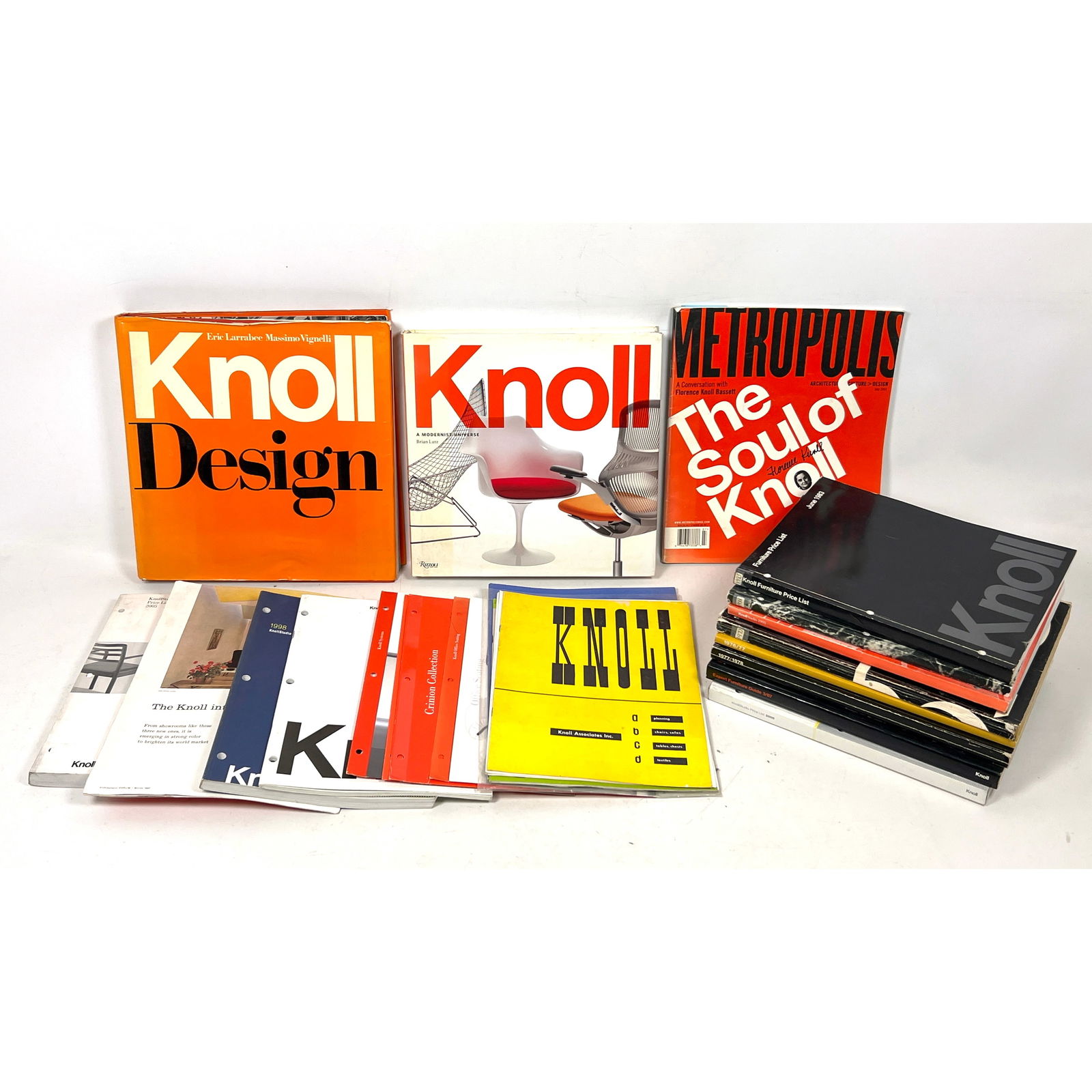 22pc collection of KNOLL ephemera documenting the history and product lines of the furniture manufac: 22pc collection of KNOLL ephemera documenting the history and product lines of the furniture manufacturer KNOLL. Includes Knoll Design by Eric Larrabee and Massimo Vignelli, published by Harry N. Abra