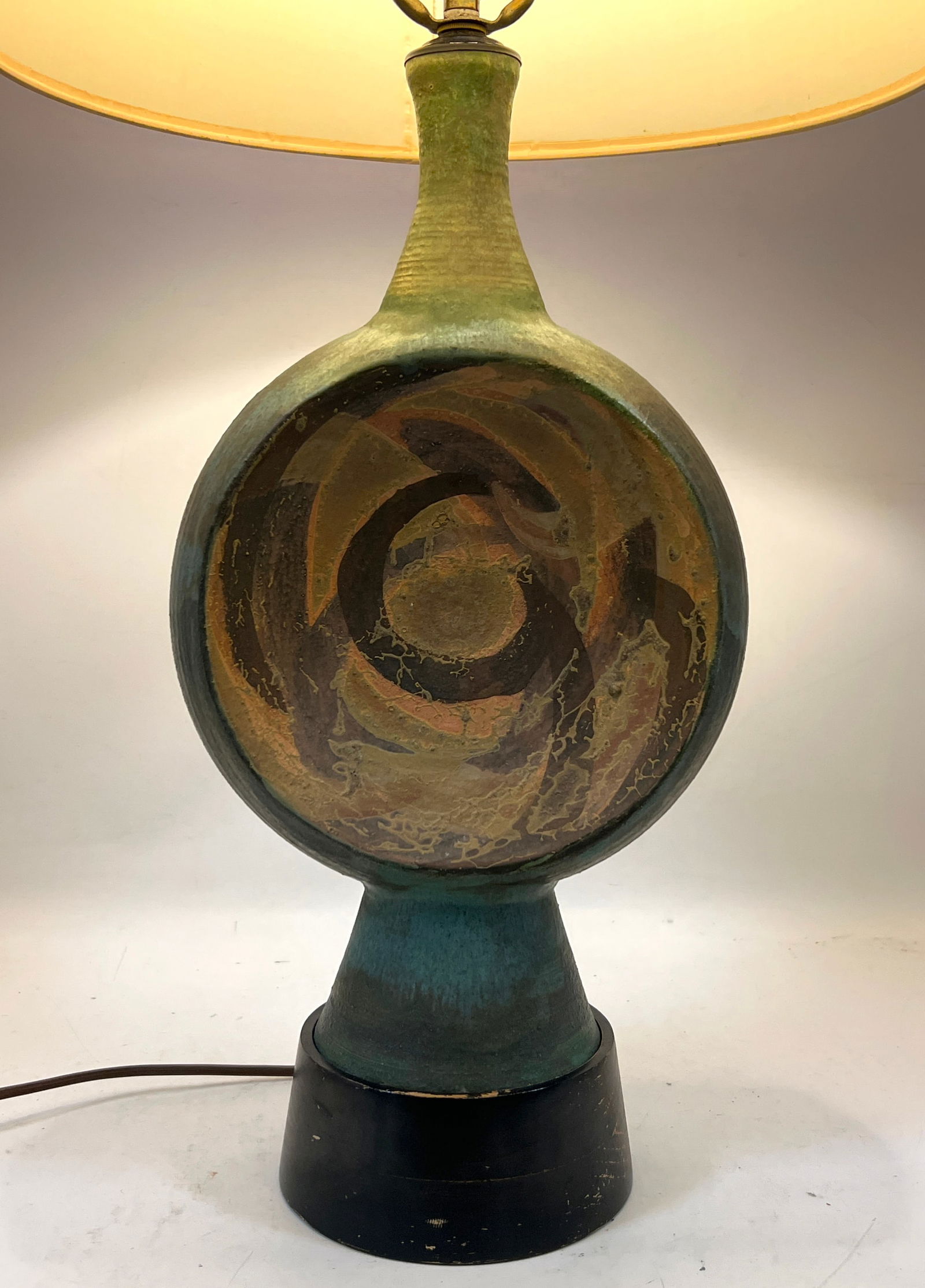 Vintage Mid Century Modern Studio Pottery Glazed Ceramic Lamp, possibly Italian: Vintage Mid Century Modern Studio Pottery Glazed Ceramic Lamp, possibly Italian Dimensions: Height: 35 inches, Width: 15 inches, Depth: 15 inches. ---