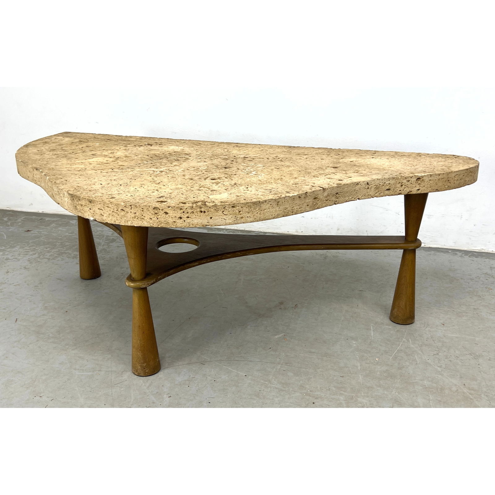 Dunbar Style Thick Travertine Top Coffee Table. Hourglass legs with biomorphic shelf. (1 of 11)