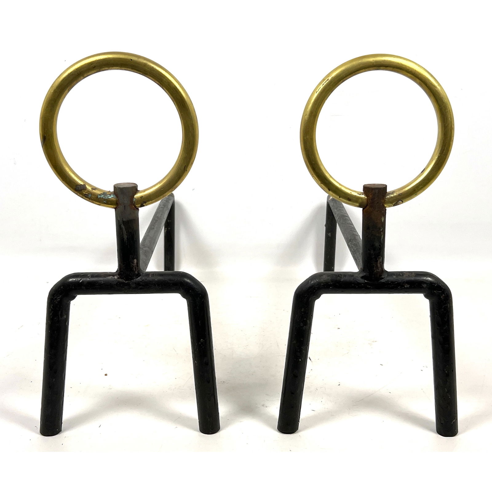 Pair Brass and Iron Fireplace Andirons. Gio Ponti Style.: Pair Brass and Iron Fireplace Andirons. Gio Ponti Style. Dimensions: Height: 15 inches, Width: 6 inches, Depth: 19.25 inches. ---