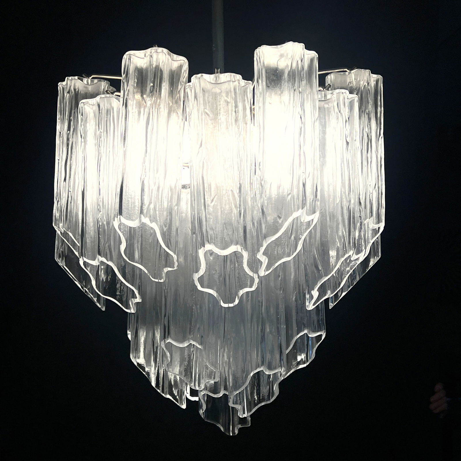 Small Camer style Murano Glass Tube Prism Chandelier. Silver Nickel Tone Metal. Hollow glass tubes.: Small Camer style Murano Glass Tube Prism Chandelier. Silver Nickel Tone Metal. Hollow glass tubes. Dimensions: Height: 33 inches, Width: 18 inches, Depth: 18 inches. ---