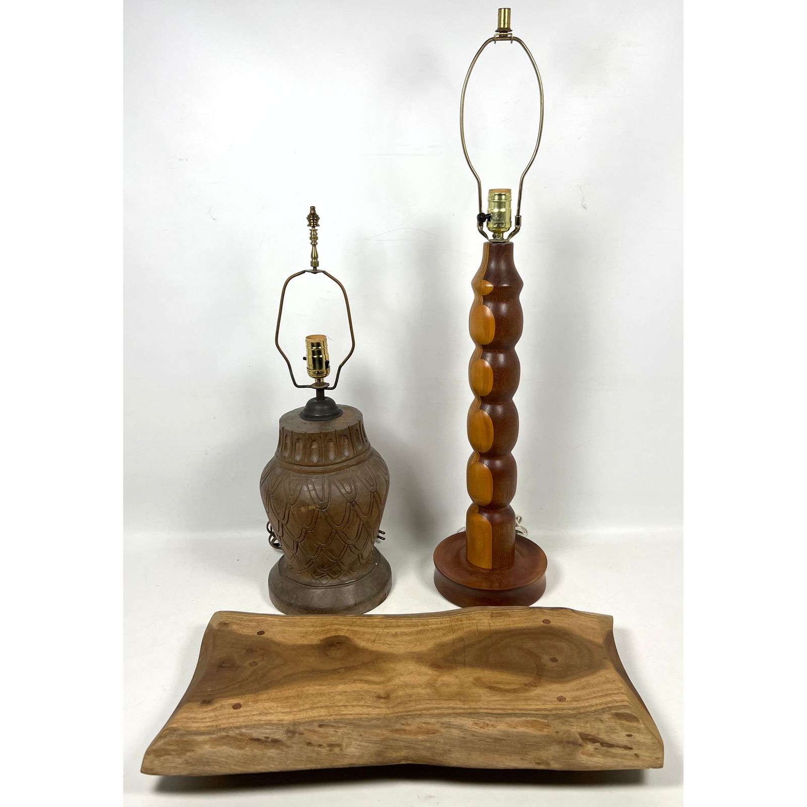 3pcs Mid Century Modern Wood. Stacked Laminate Oak, Walnut, Cherry Turned Wood Lamp, Teak Carved Lam: 3pcs Mid Century Modern Wood. Stacked Laminate Oak, Walnut, Cherry Turned Wood Lamp, Teak Carved Lamp, wood cutting board. Dimensions: Height: 32.5 inches, Width: 7.5 inches, Depth: 7.5 inches. ---