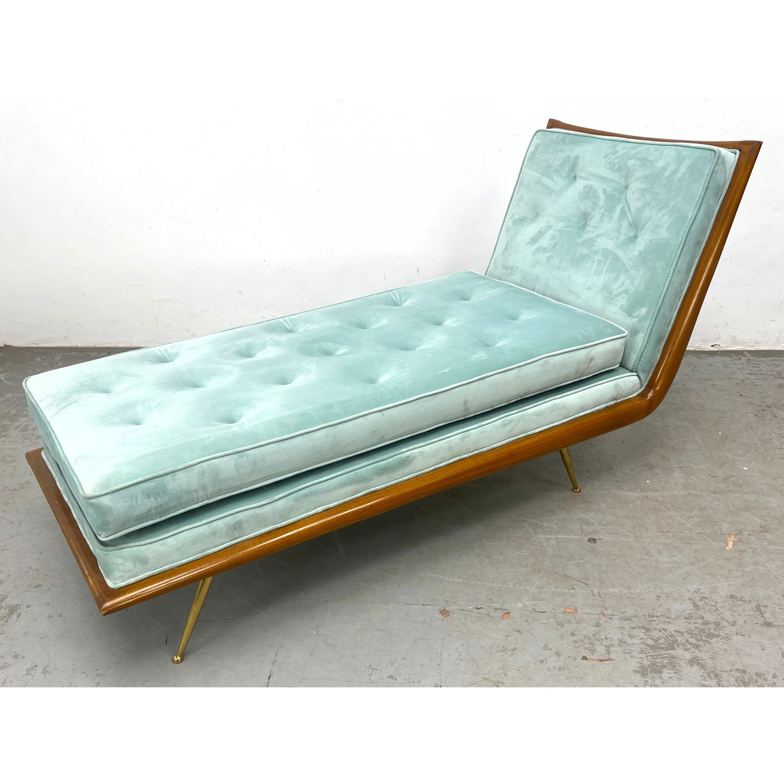 Chaise Lounge After T.H. Robsjohn-Gibbings. Brass and wood frame. Not period.: Chaise Lounge After T.H. Robsjohn-Gibbings. Brass and wood frame. Not period. Dimensions: Height: 32 inches, Width: 25 inches, Depth: 60 inches. ---