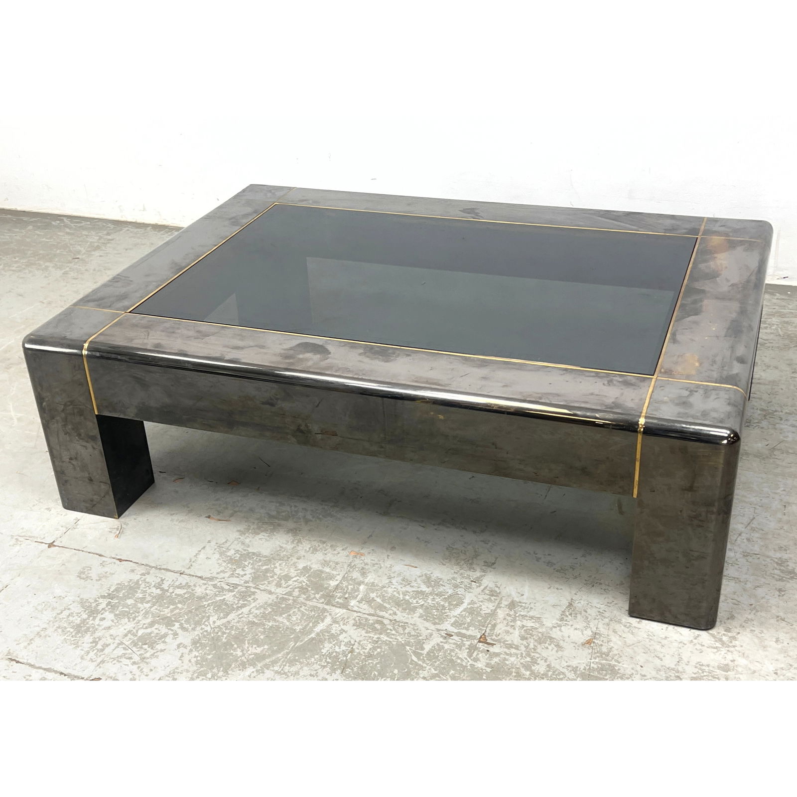 Large Heavy Brass and steel Karl Springer Coffee Table with Inset Glass. Very heavy construction. Un (1 of 7)