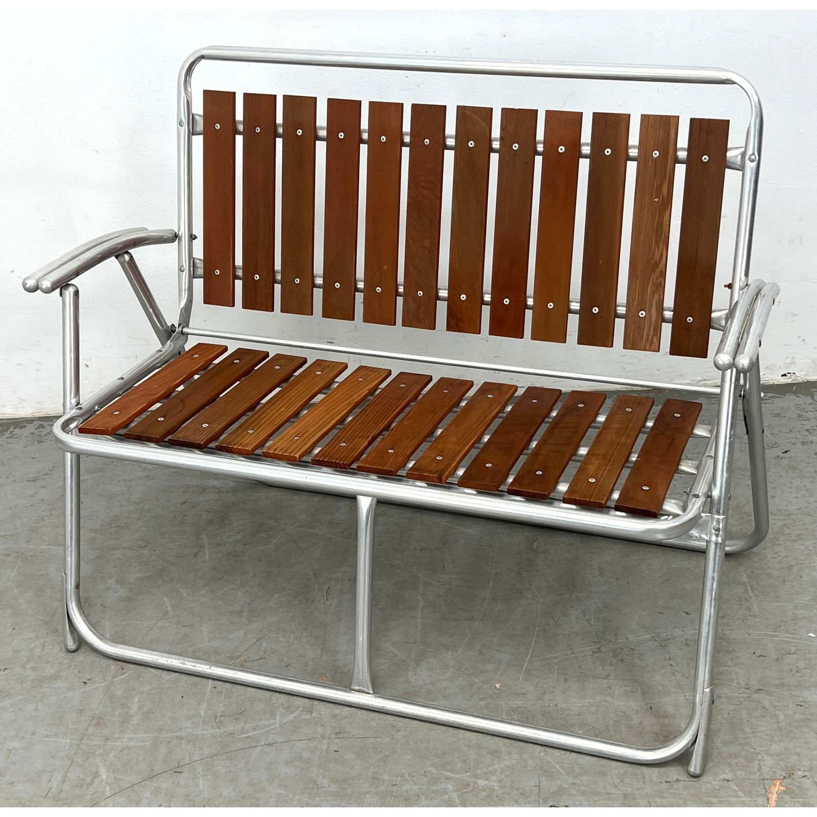 Modern Aluminum Frame Red Wood Slat Lawn Bench. Folding Outdoor Garden Seating. Sun Terrace style.: Modern Aluminum Frame Red Wood Slat Lawn Bench. Folding Outdoor Garden Seating. Sun Terrace style. Dimensions: Height: 33 inches, Width: 42 inches, Depth: 21 inches. - Seat Height: 16.5 inches ---