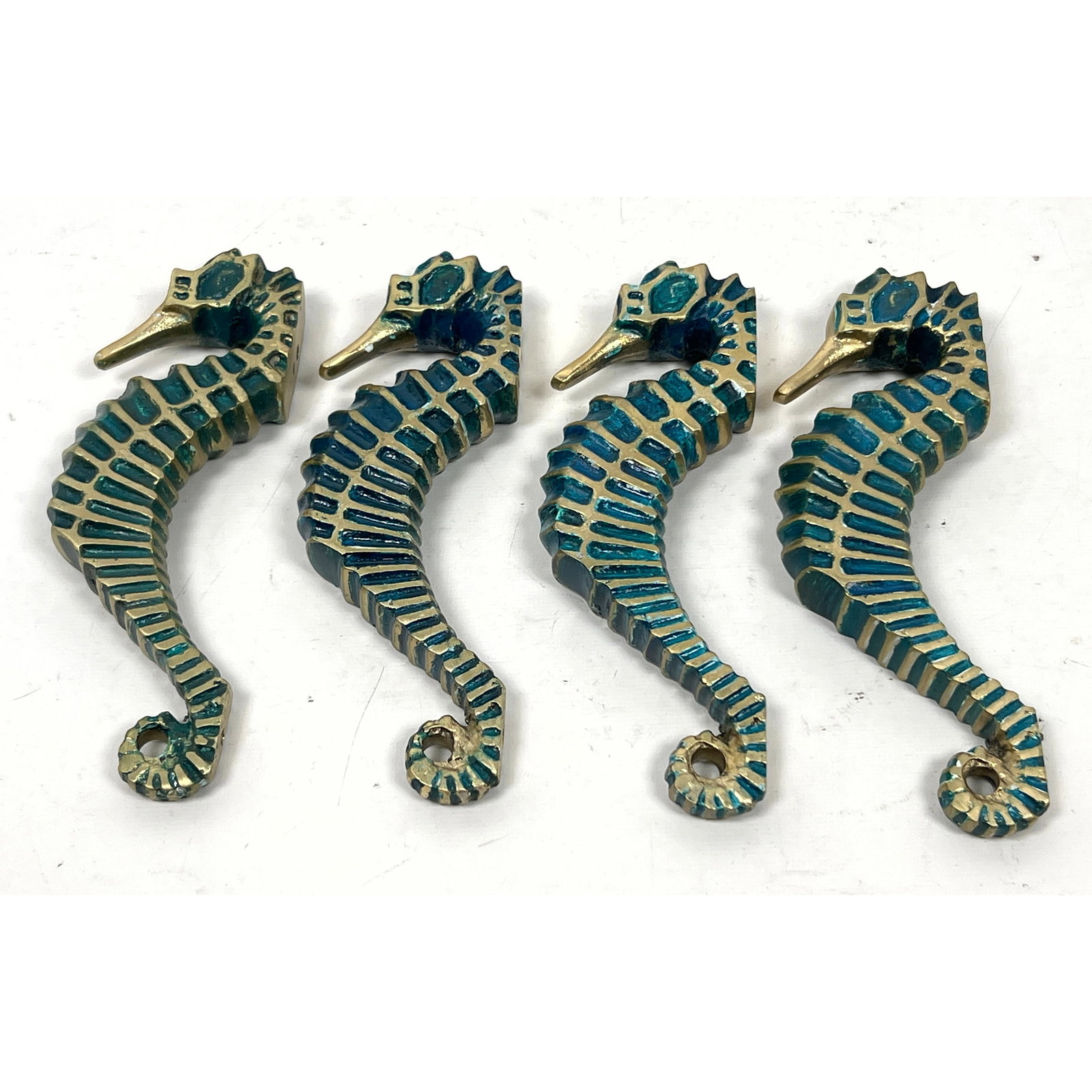 Set 4 Bronze Seahorse Door Hardware. Painted highlights. Figural Sea Horse.: Set 4 Bronze Seahorse Door Hardware. Painted highlights. Figural Sea Horse. Dimensions: Height: 7 inches, Width: 1 inches, Depth: 2.5 inches. ---