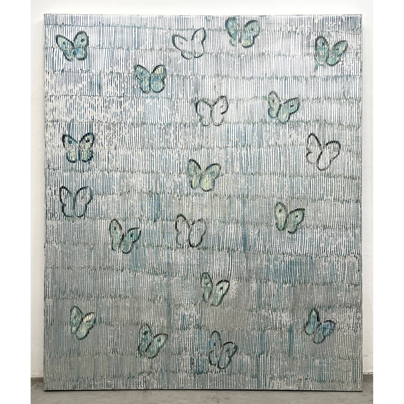 Large 60 x 50 HUNT SLONEM Painting of Butterflies on Canvas. Silver Ascension. Dated 2020. inventory: Large 60 x 50 HUNT SLONEM Painting of Butterflies on Canvas. Silver Ascension. Dated 2020. inventory number on reverse CSR0440. Dimensions: Height: 60 inches, Width: 50 inches. ---