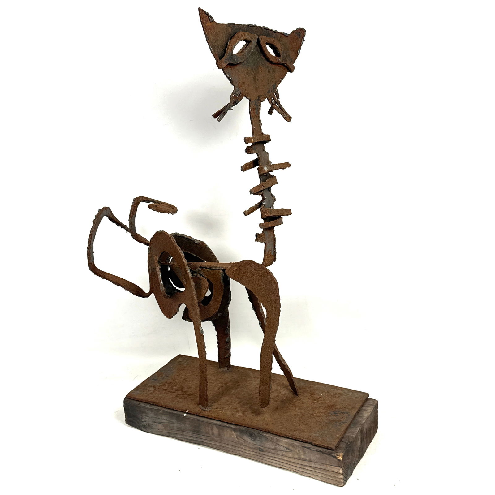 Brutalist Welded Iron Cat Sculpture.: Brutalist Welded Iron Cat Sculpture. Dimensions: Height: 24.5 inches, Width: 7 inches, Depth: 17 inches. ---