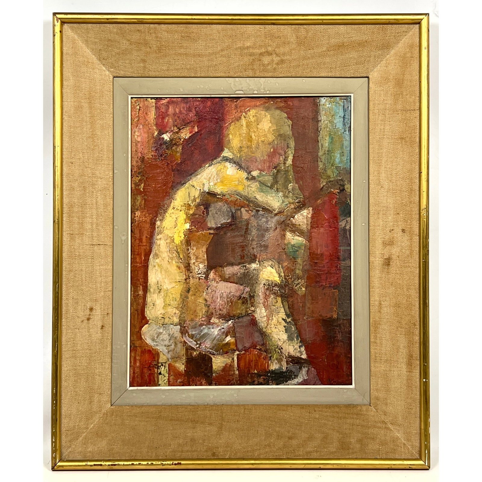 Abstract expressionist oil painting on hardboard depicting a stylized, hunched figure.: Abstract expressionist oil painting on hardboard depicting a stylized, hunched figure. Dimensions: Height: 23.5 inches, Width: 20.5 inches. ---