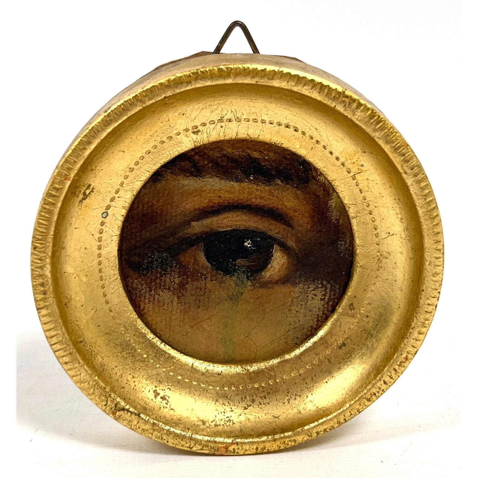 Miniature gilt-framed oil "Lover's Eye" style painting. Original painting. Unsigned.: Miniature gilt-framed oil "Lover's Eye" style painting. Original painting. Unsigned. Dimensions: Height: 3.25 inches, Width: 3.25 inches, Depth: .5 inches. ---