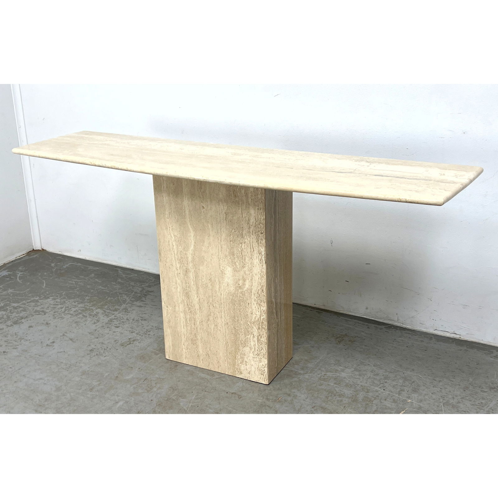 Marble console table. Travertine top on Rectangular Pedestal Base. (1 of 8)